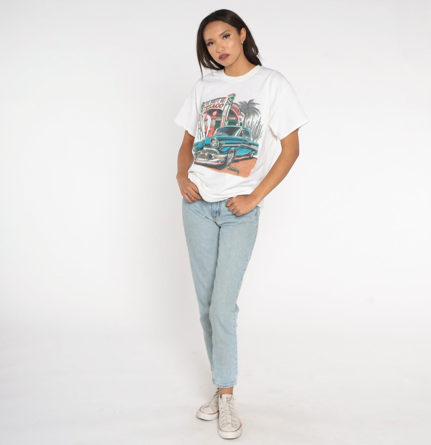 Y2K Route 66 Texaco Classic Car Graphic T-Shirt White Cotton Large L