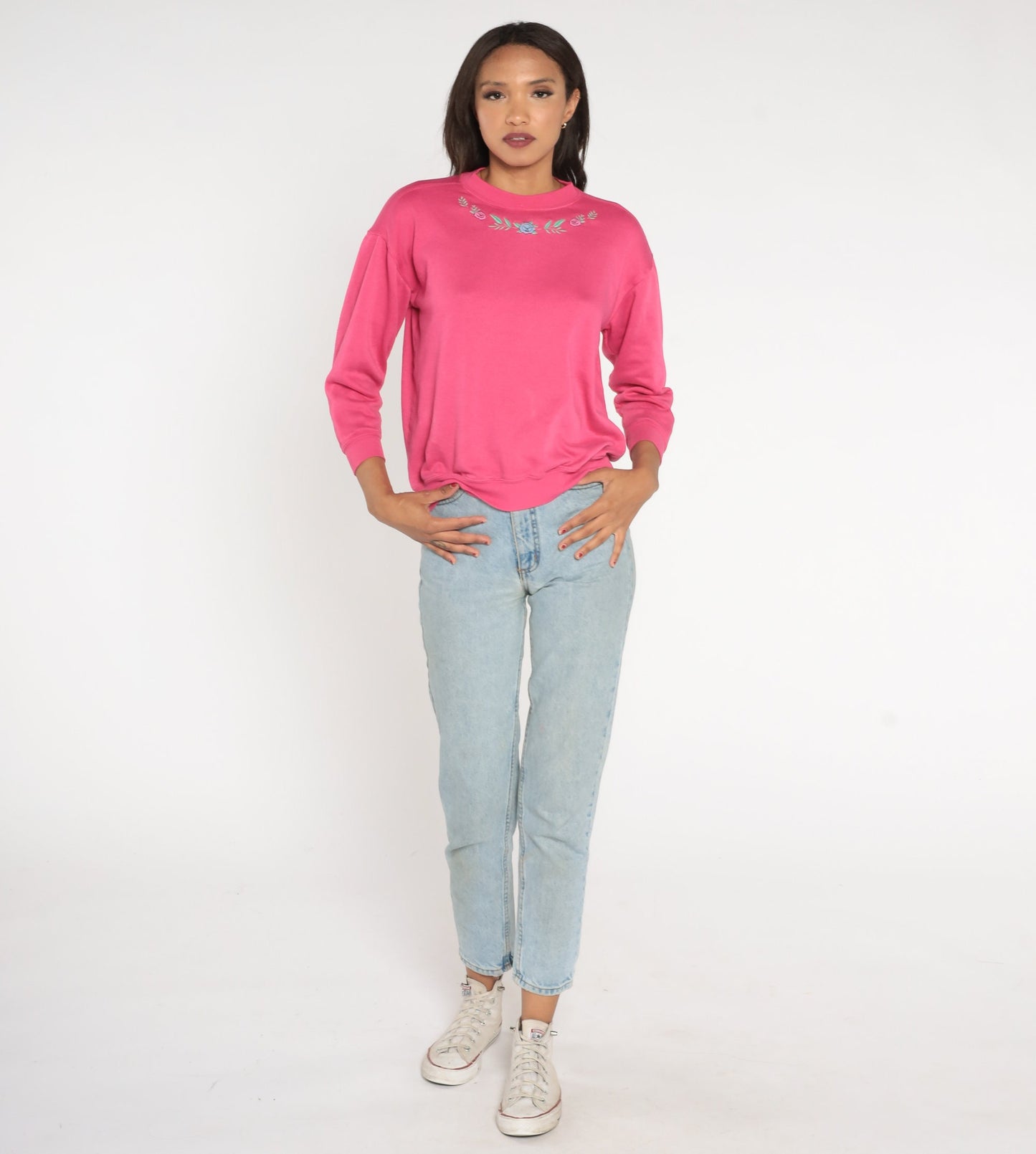 90s Floral Embroidered Sweatshirt Hot Pink Crewneck Pullover Extra Small