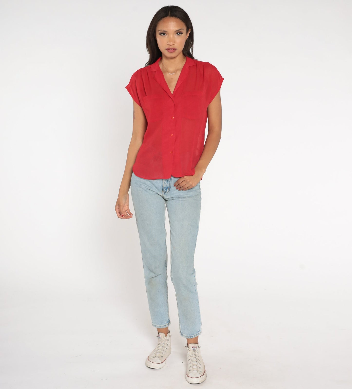 80s Red Sheer Button-Up Blouse Cap Sleeve Collared Shirt Medium