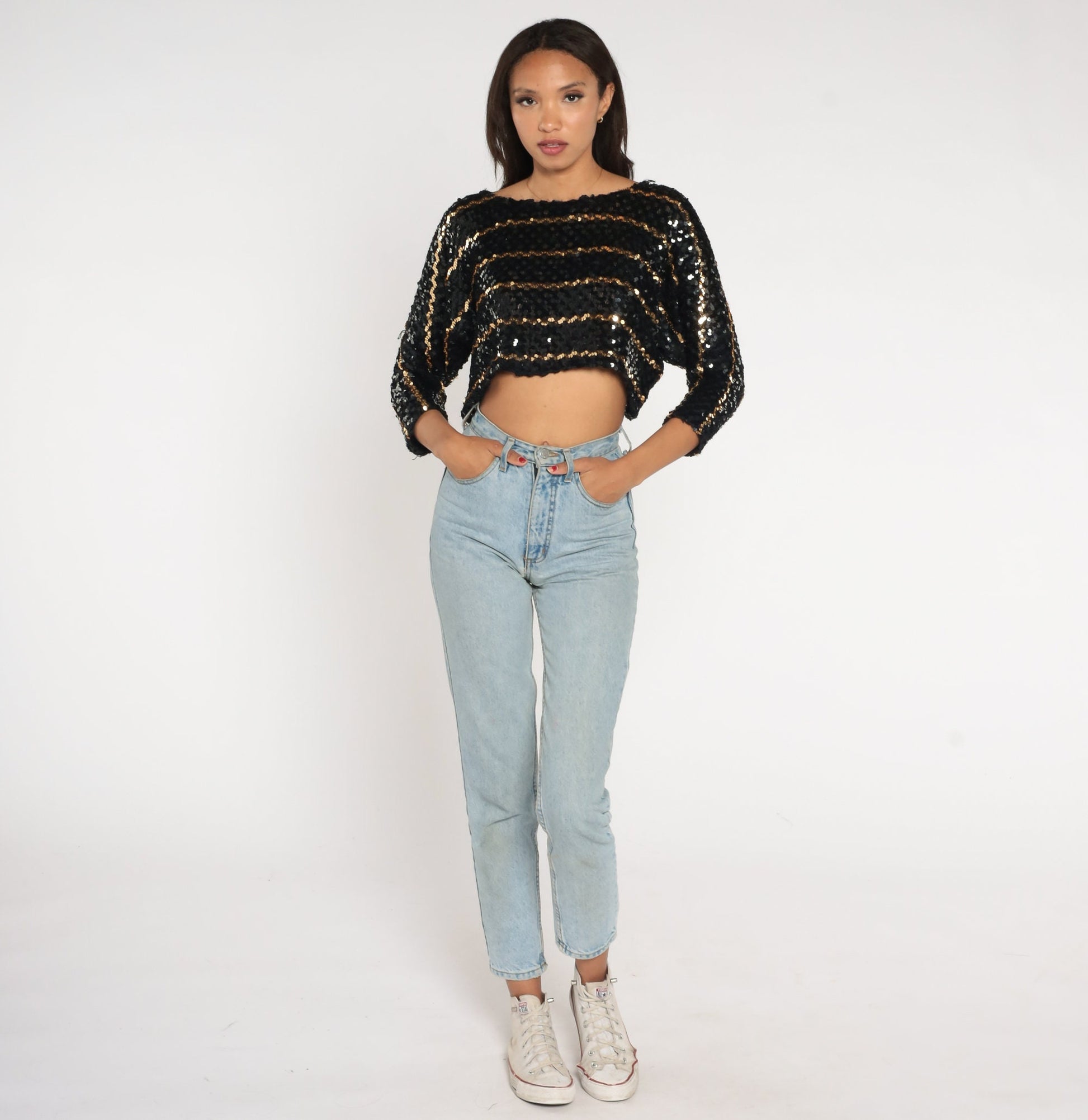 80s Black Gold Sequin Crop Top Long Dolman Sleeve Striped Blouse Medium