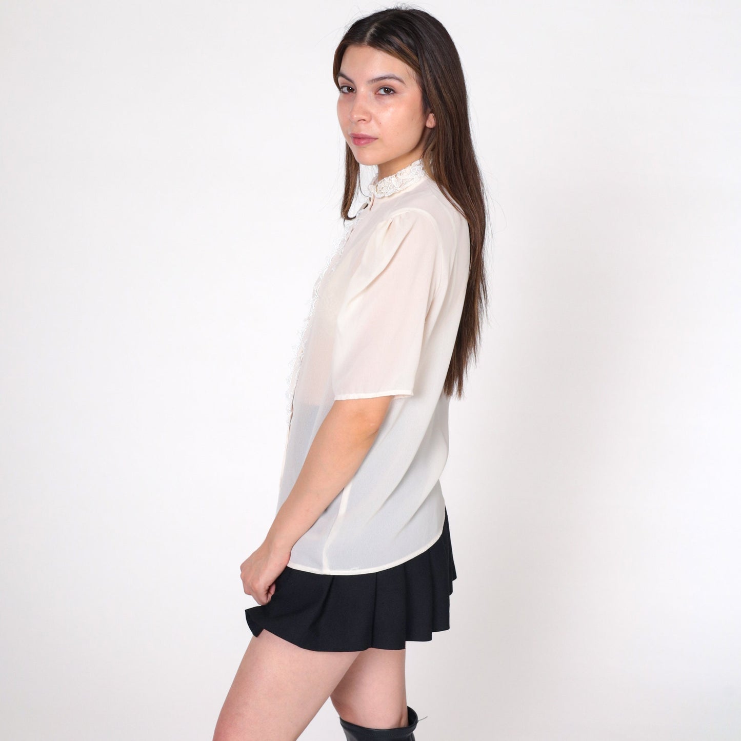80s White Puff Sleeve Blouse Lace Collar Button-Up Short Sleeve Medium