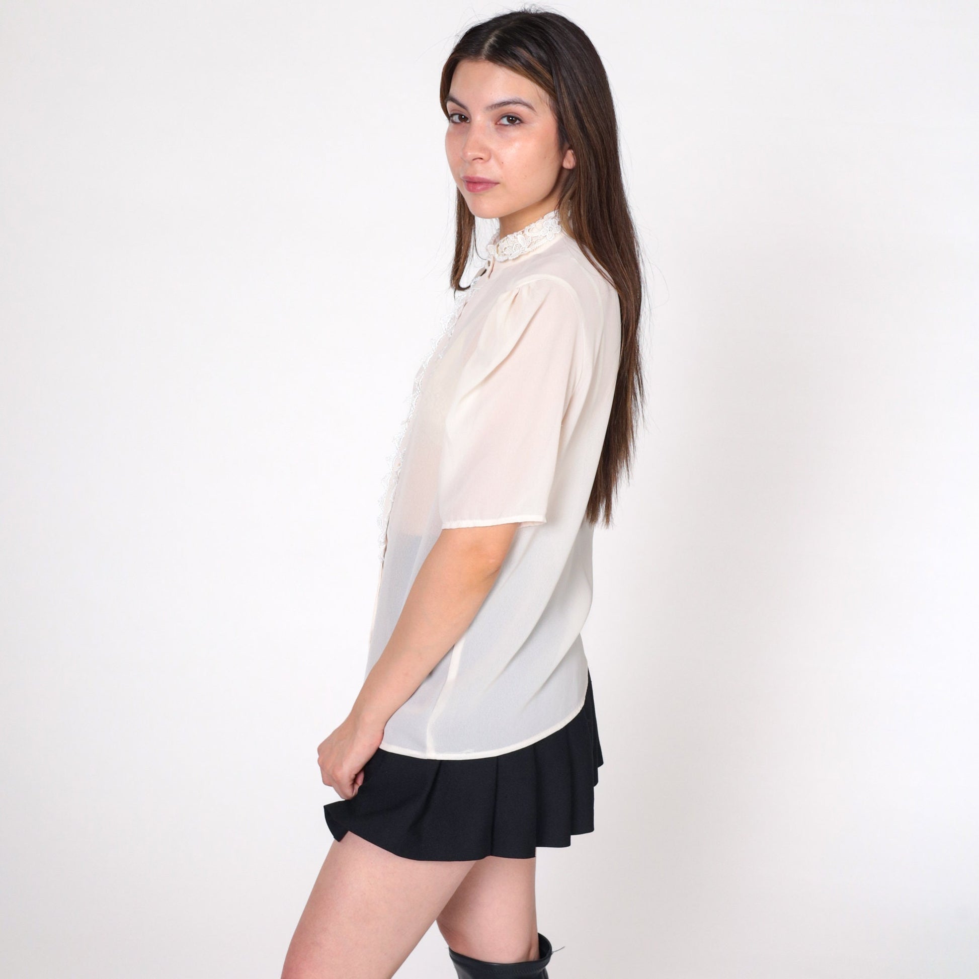 80s White Puff Sleeve Blouse Lace Collar Button-Up Short Sleeve Medium