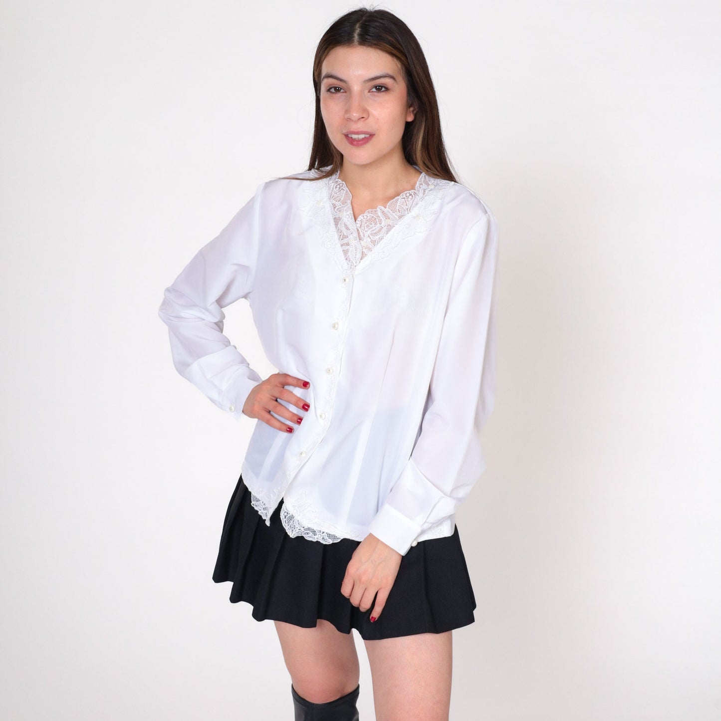 90s Kathie Lee White Beaded Lace Blouse Pearl Rhinestone Button Up Medium