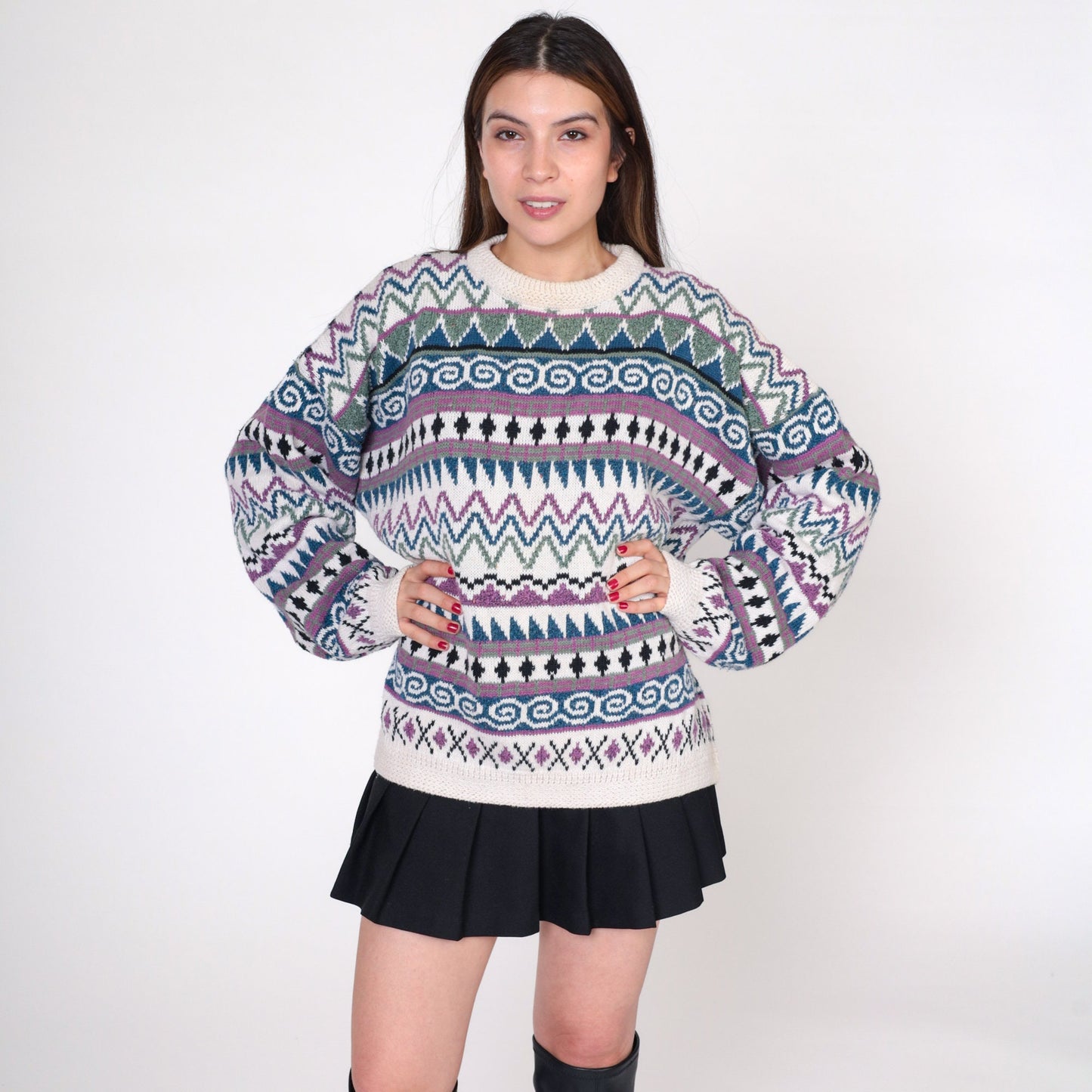 Y2K Geometric Striped Pullover Sweater White Jacquard Knit Extra Large XXL