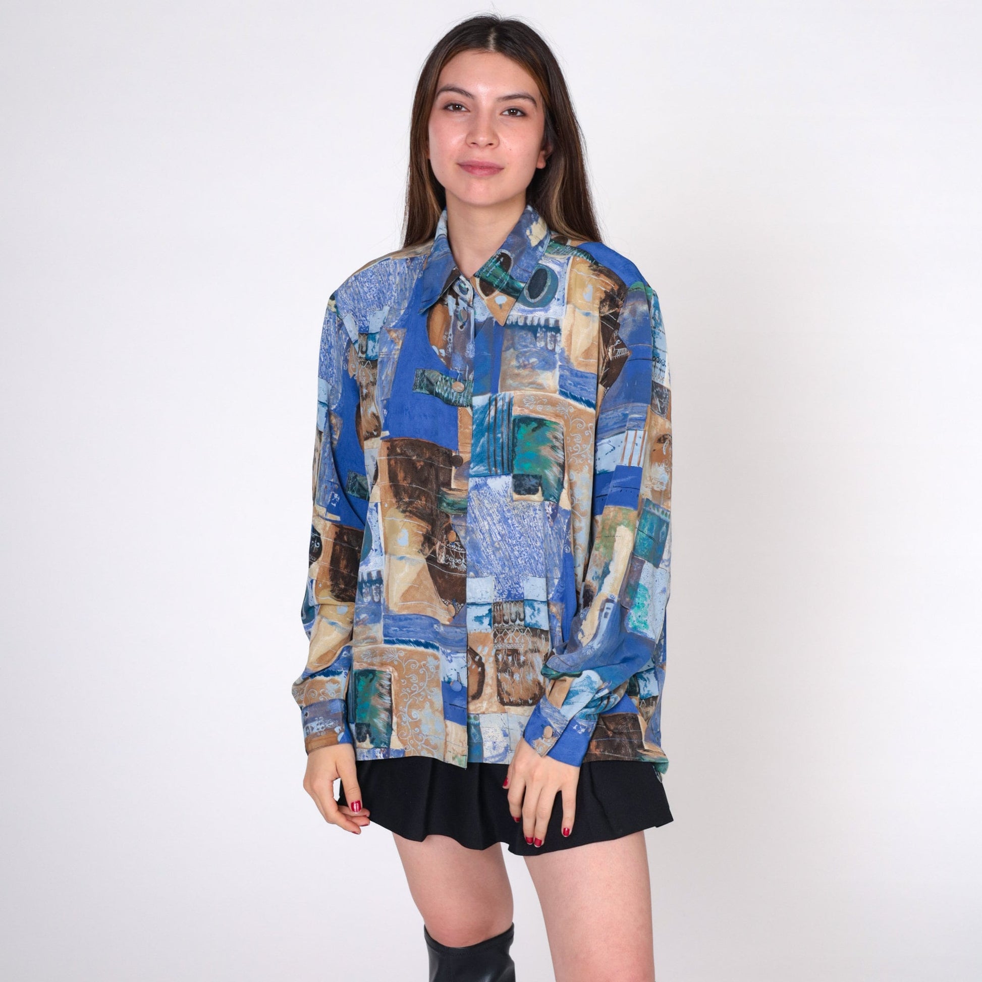 90s Abstract Patchwork Button-Up Shirt Blue Long Sleeve Extra Large