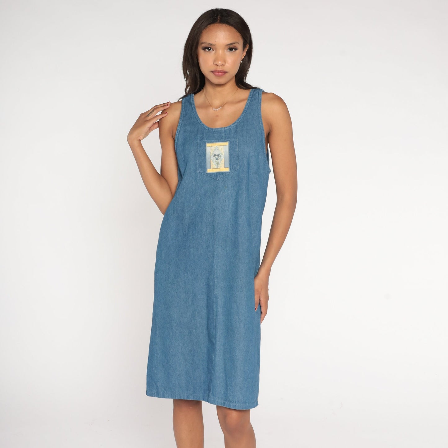90s Blue Denim Midi Dress Flower Patch Sleeveless Cotton Medium M