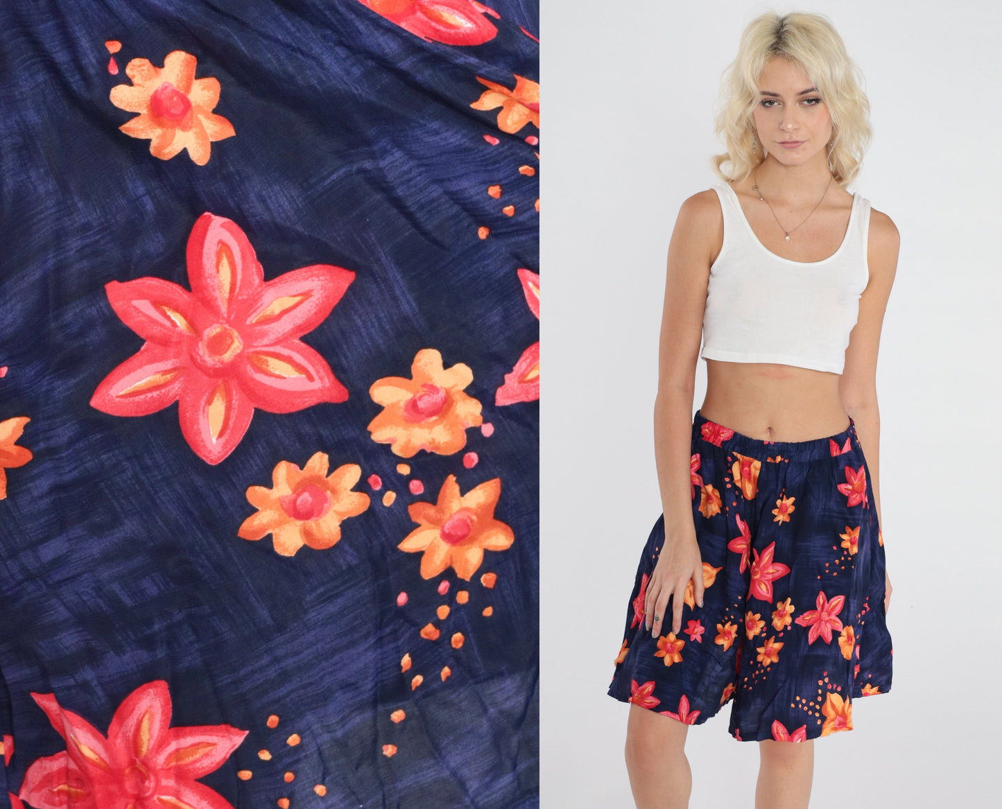 90s Tropical Floral High-Waisted Shorts Wide Leg Purple Print Small