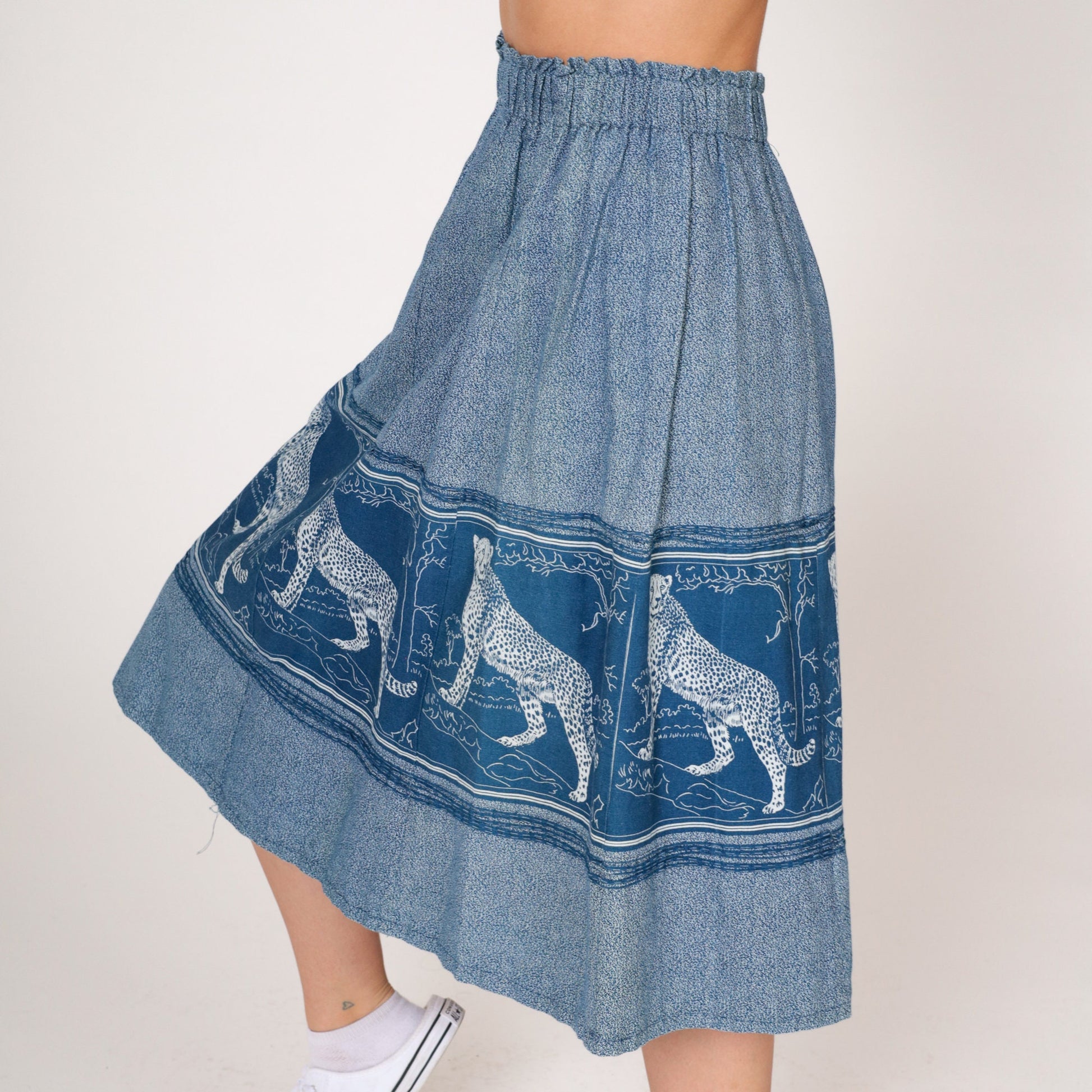 80s Leopard Print Midi Skirt Blue Jungle Cat A-Line High Waist Extra Small