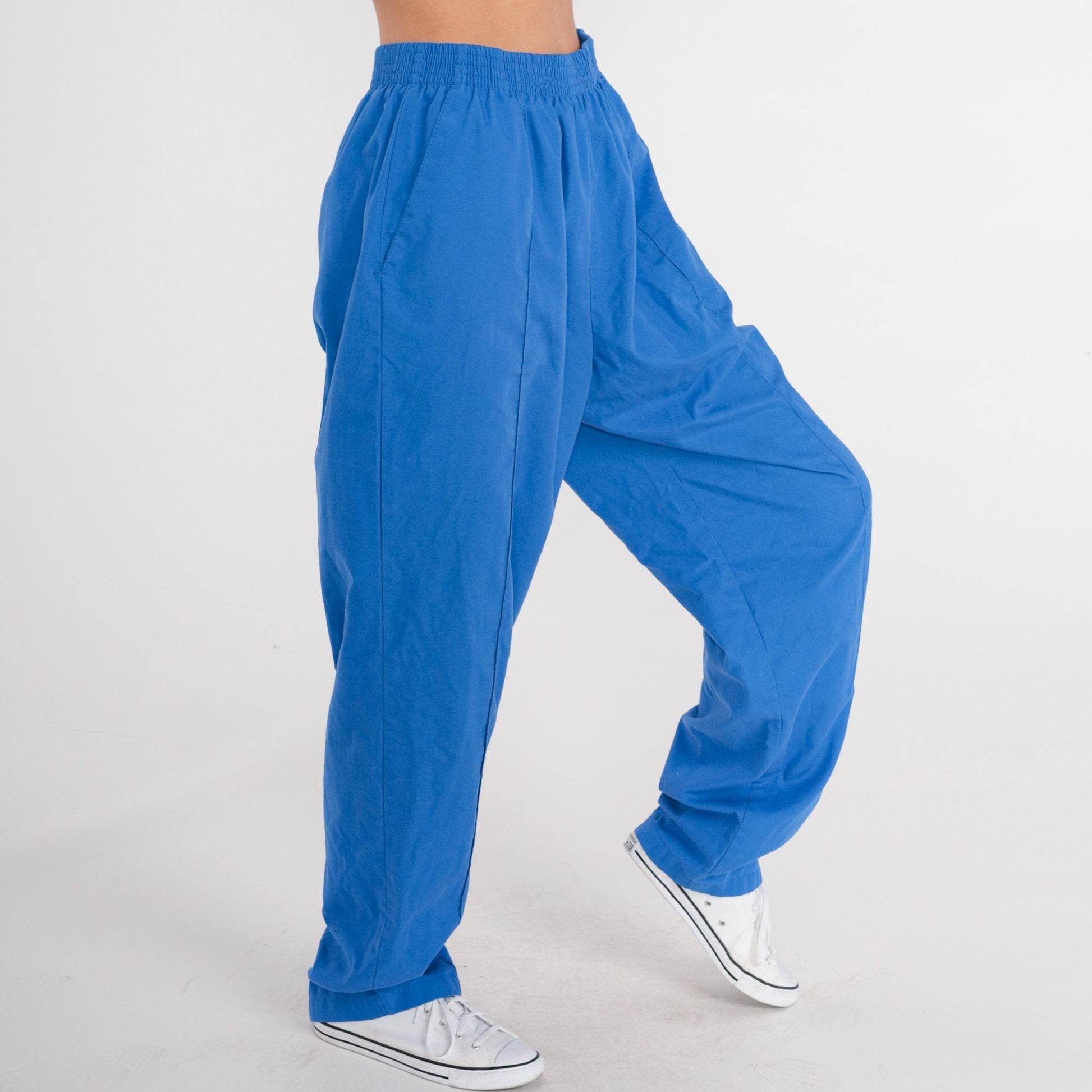 80s Blue Track Pants Elastic Waist Vintage Joggers Small Medium