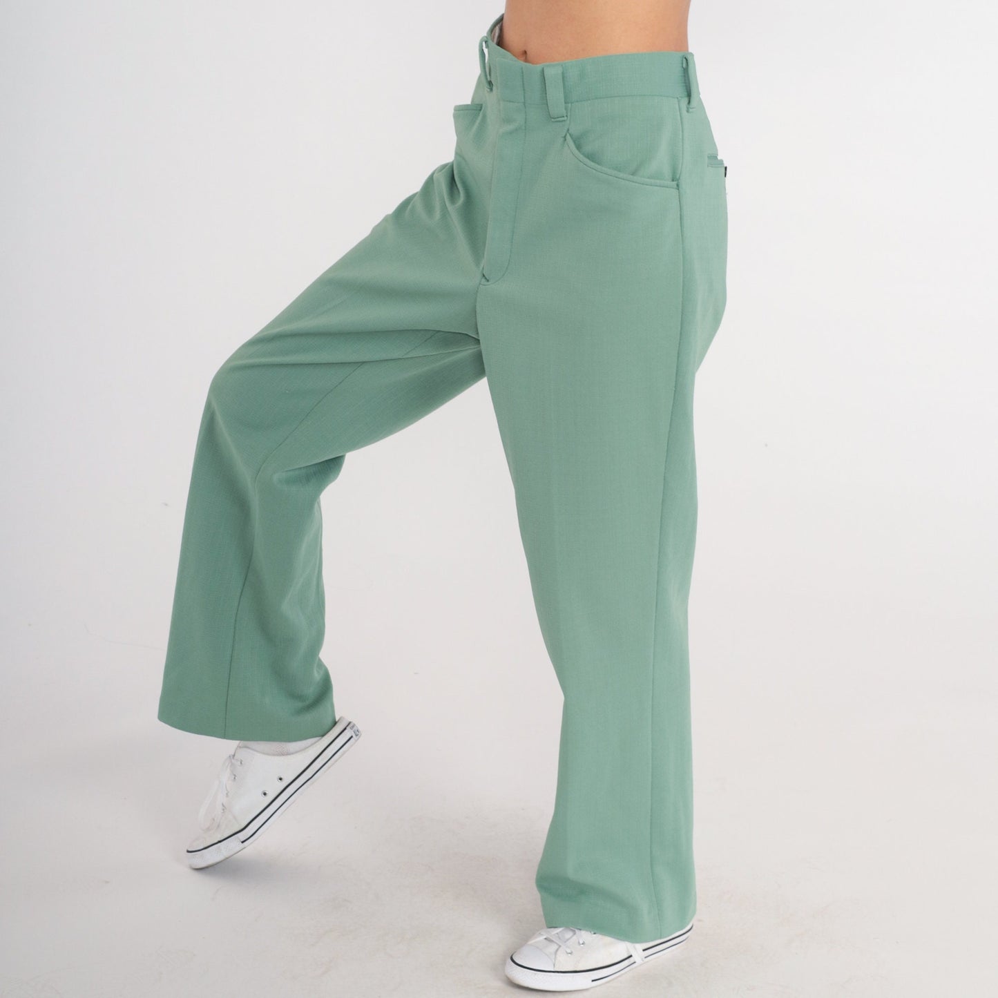 70s Green High-Waisted Straight Leg Trousers Pleated Crease Medium
