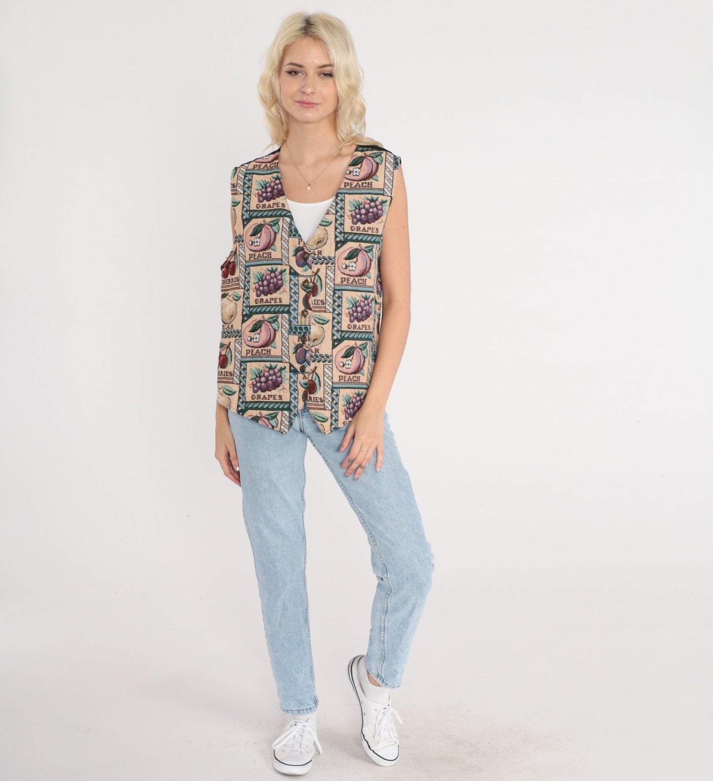 90s Fruit Print Vest Peaches Grapes Woven Button-Up Sleeveless Large L