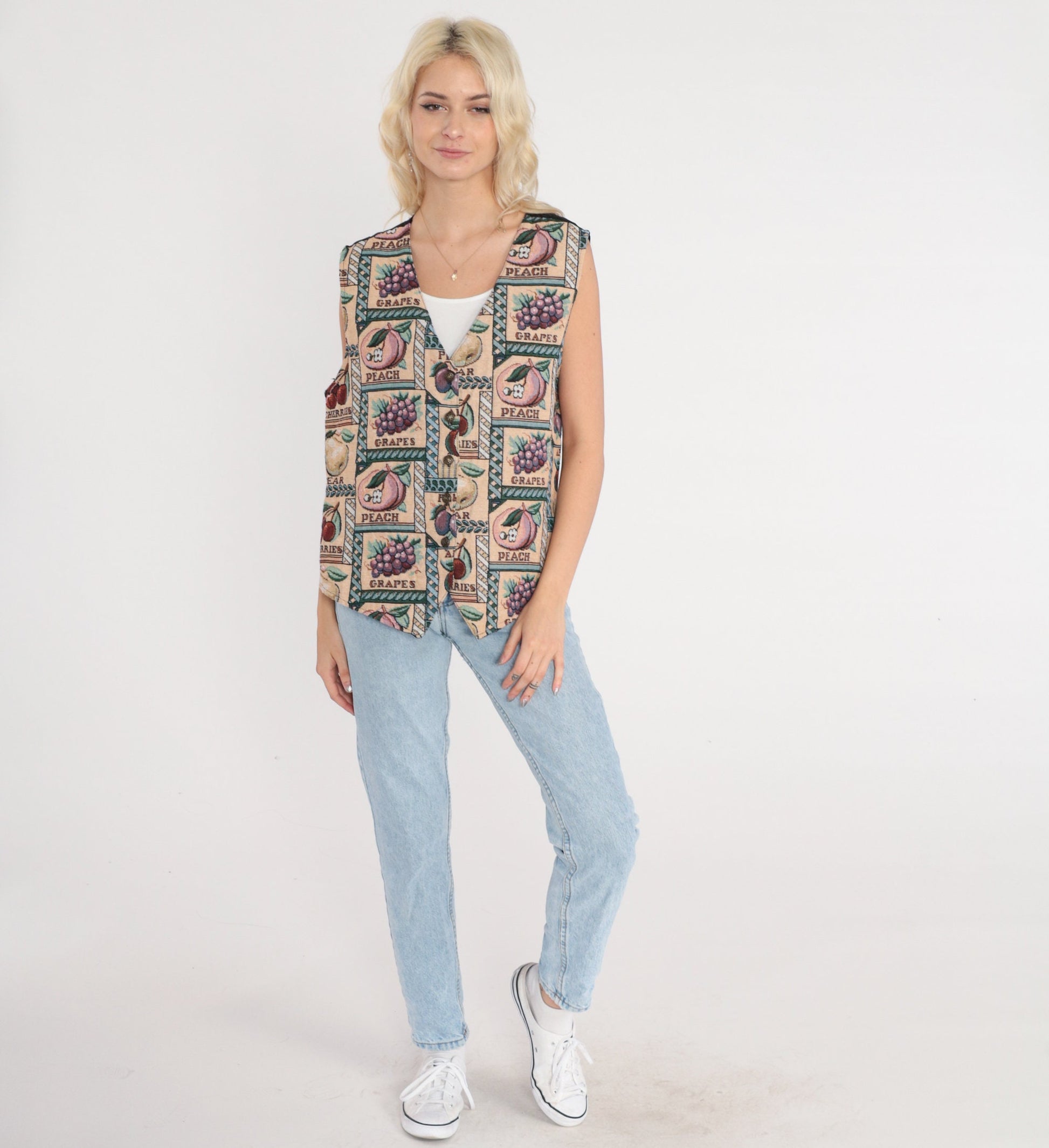 90s Fruit Print Vest Peaches Grapes Woven Button-Up Sleeveless Large L