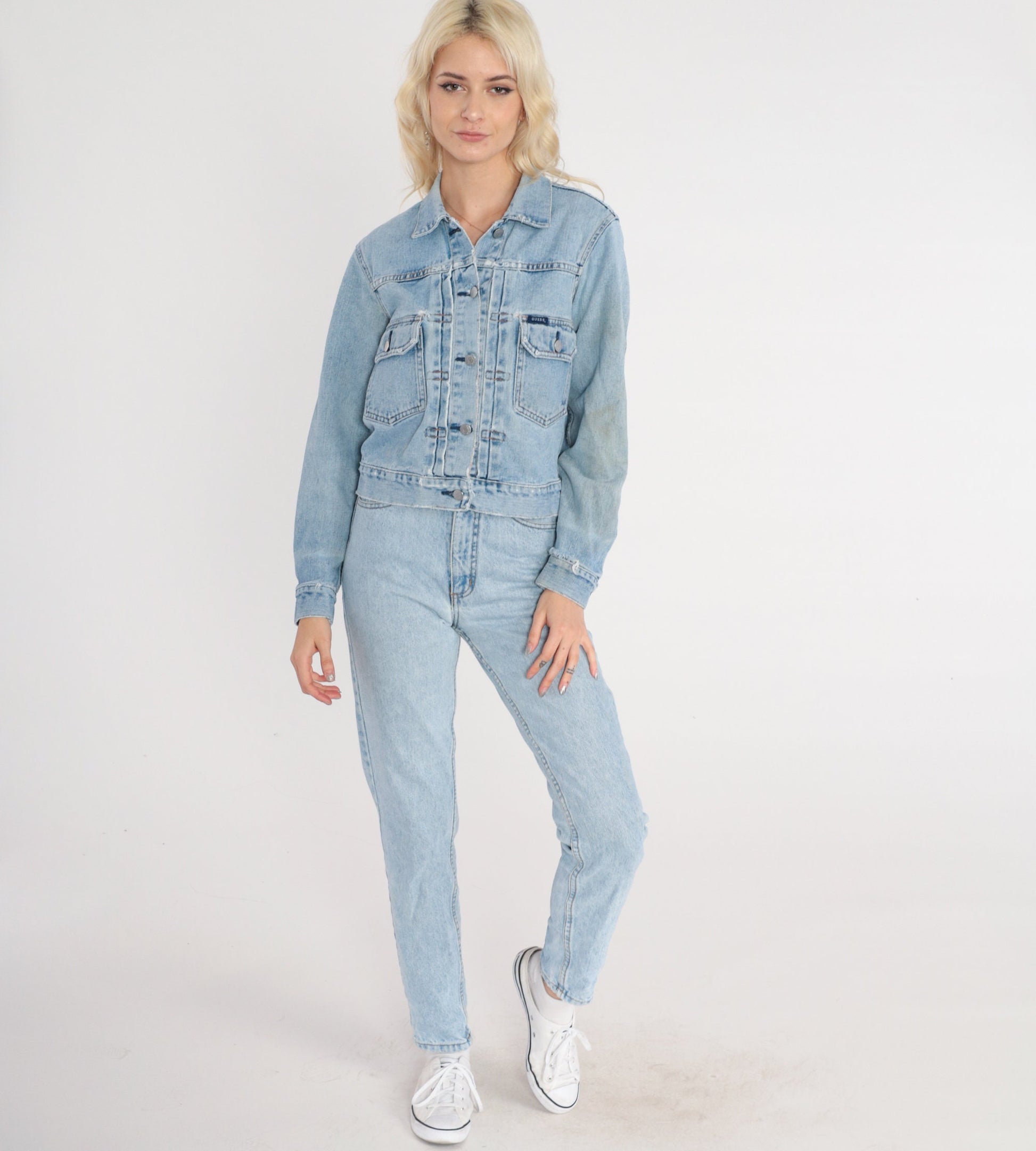 Guess Y2K Distressed Denim Jacket Cropped Blue Medium M