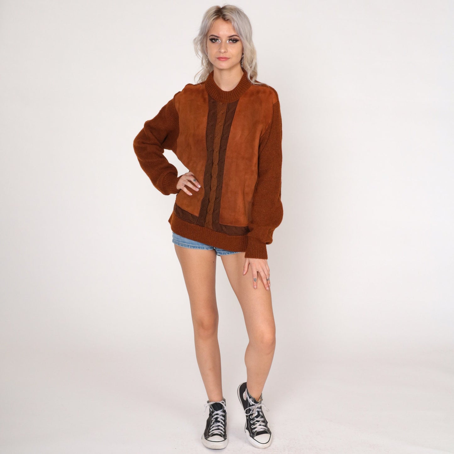 70s Cabot Brown Wool Cable Knit Sweater Faux Suede Panel Crewneck Medium