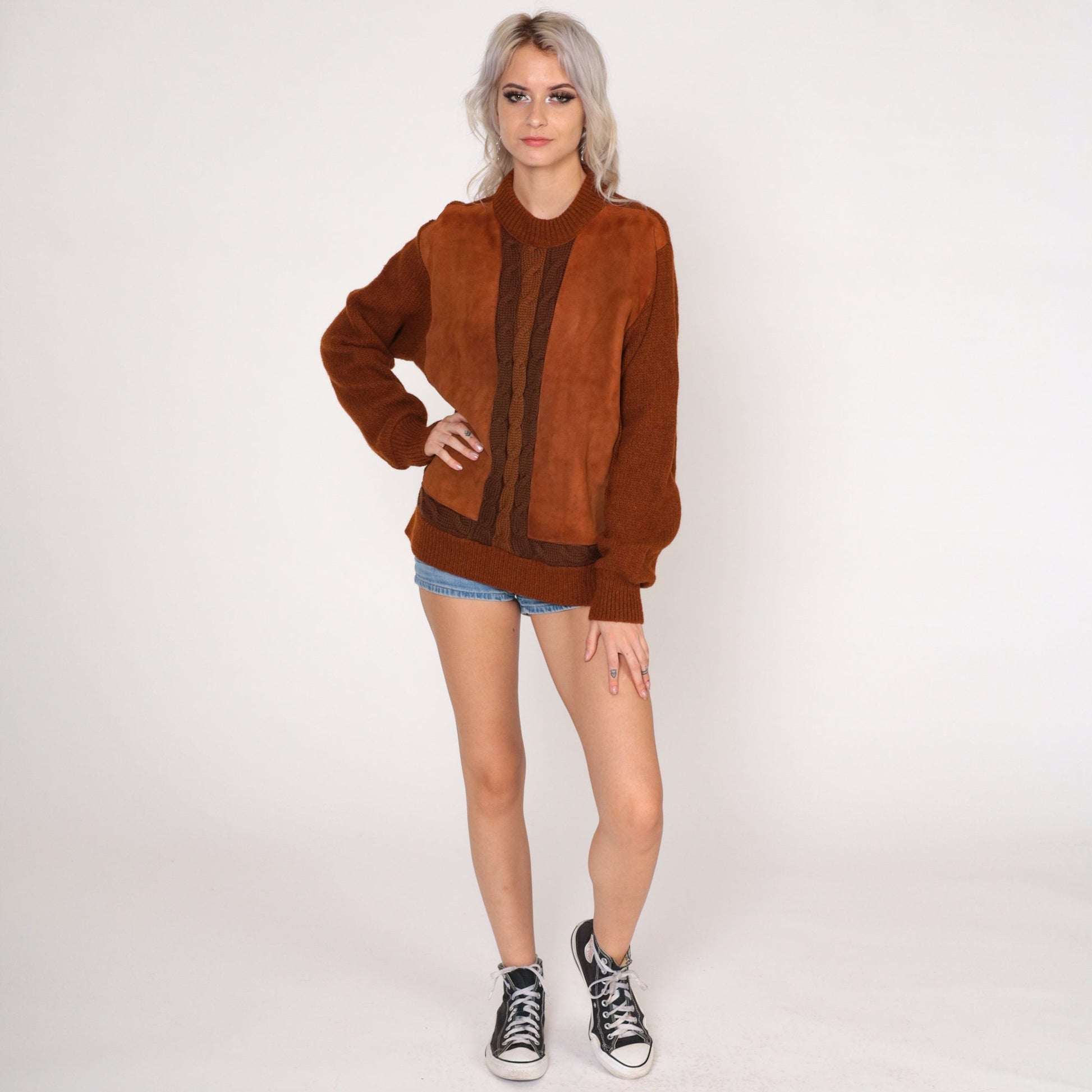 70s Cabot Brown Wool Cable Knit Sweater Faux Suede Panel Crewneck Medium
