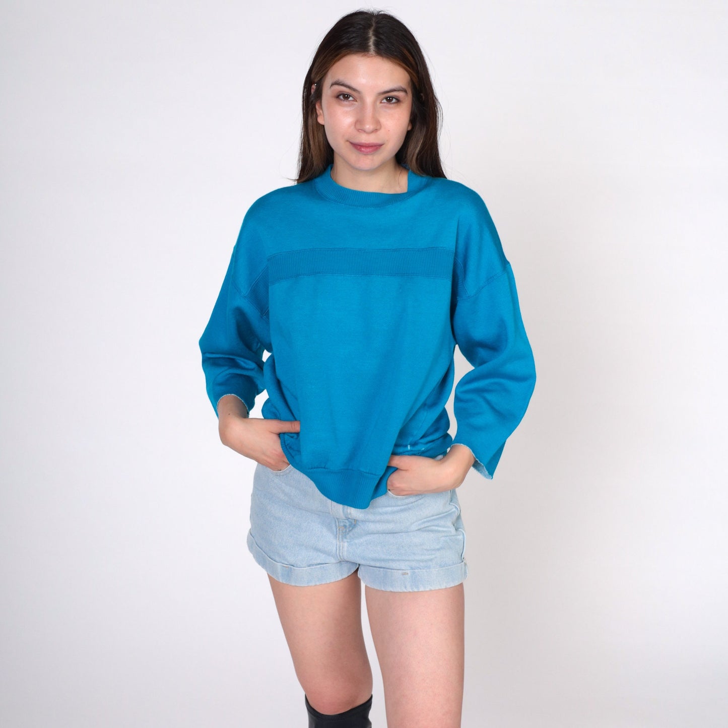 80s Turquoise Sweatshirt Cutoff 3/4 Sleeve Crewneck Stripe Medium