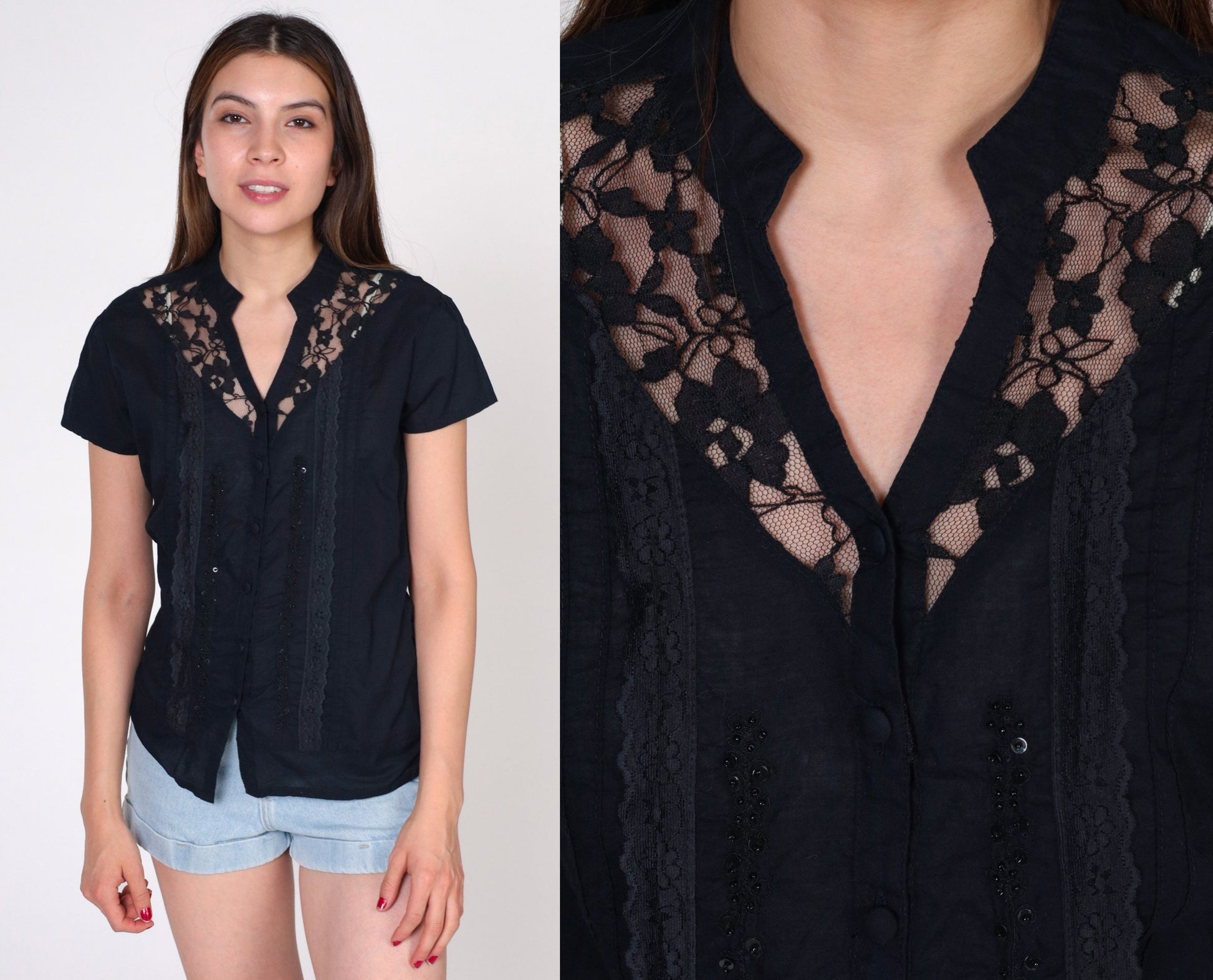 00s Black Lace Beaded Sequin Button-Up Blouse V-Neck Short Sleeve Small