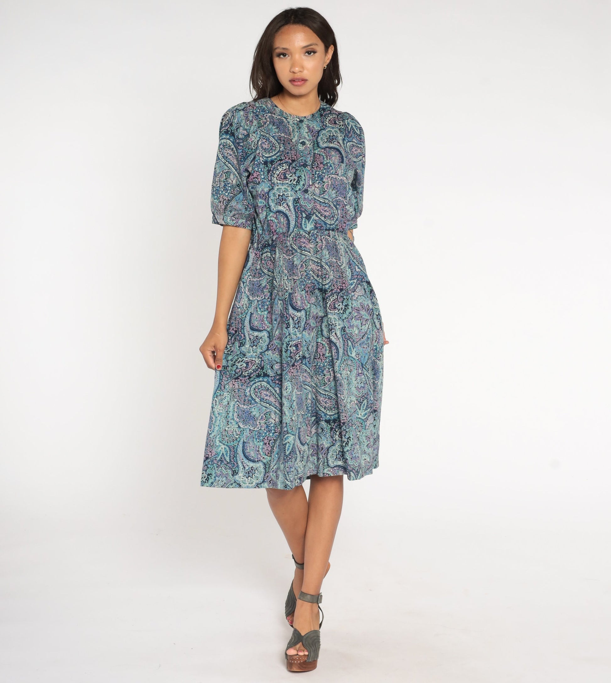 80s Blue Paisley Midi Shirtwaist Dress High Waisted Pleated Short Sleeve Medium
