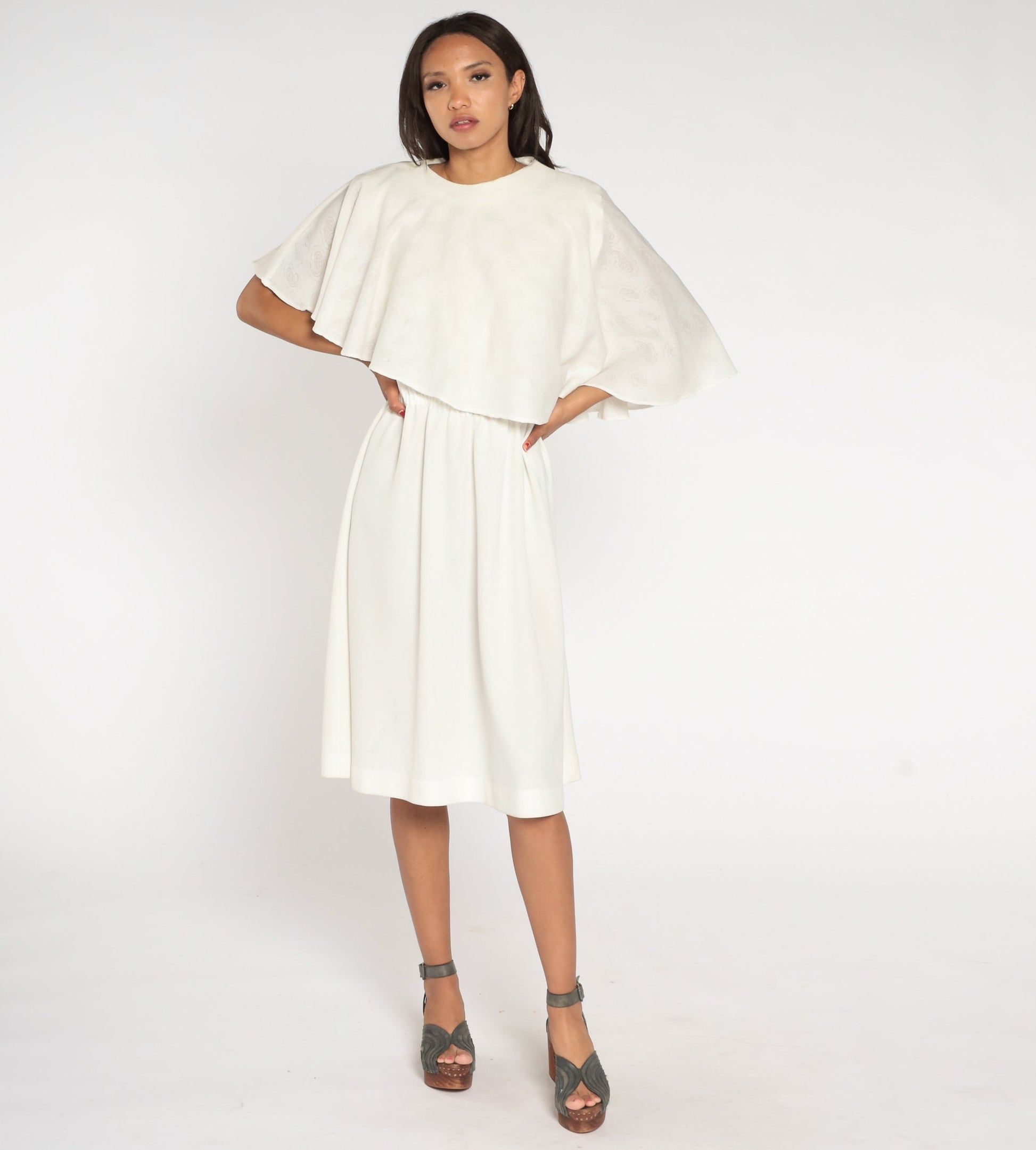70s Asymmetrical Capelet Midi Dress Off White Paisley High Waist Medium Large
