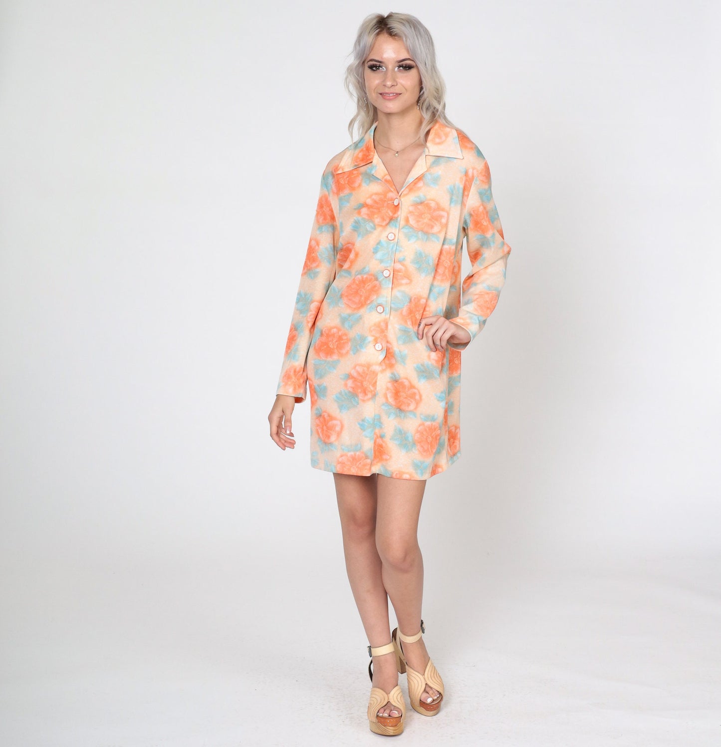 70s Orange Floral Mini Shift Dress Button-Up Long Sleeve Medium Large