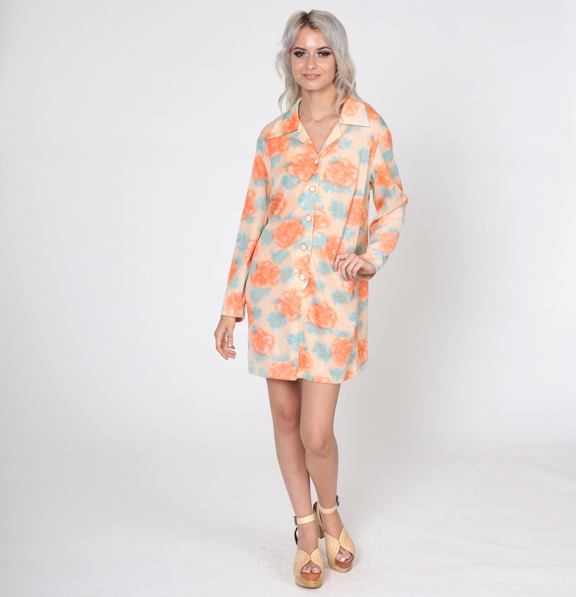 70s Orange Floral Mini Shift Dress Button-Up Long Sleeve Medium Large