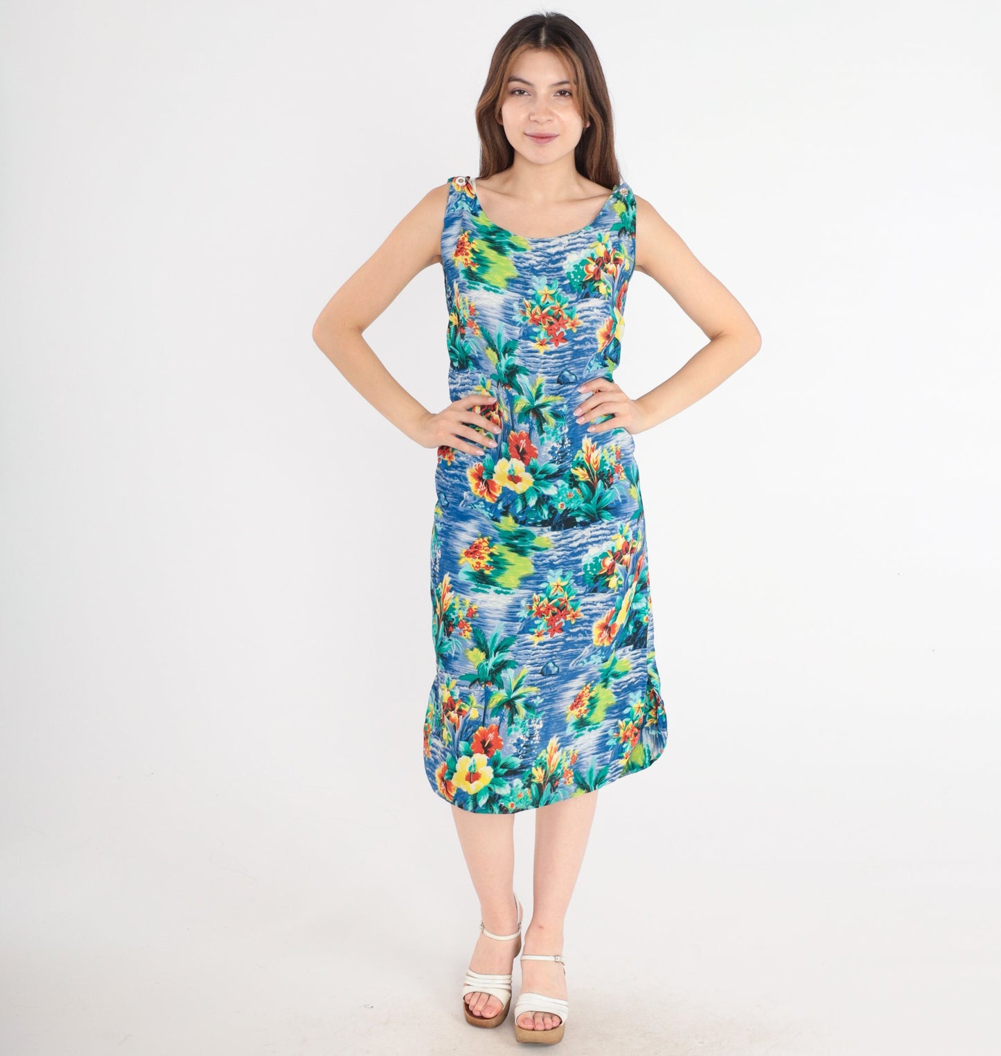 90s Hawaiian Tropical Floral Shift Dress Sleeveless Midi Blue Rayon Small