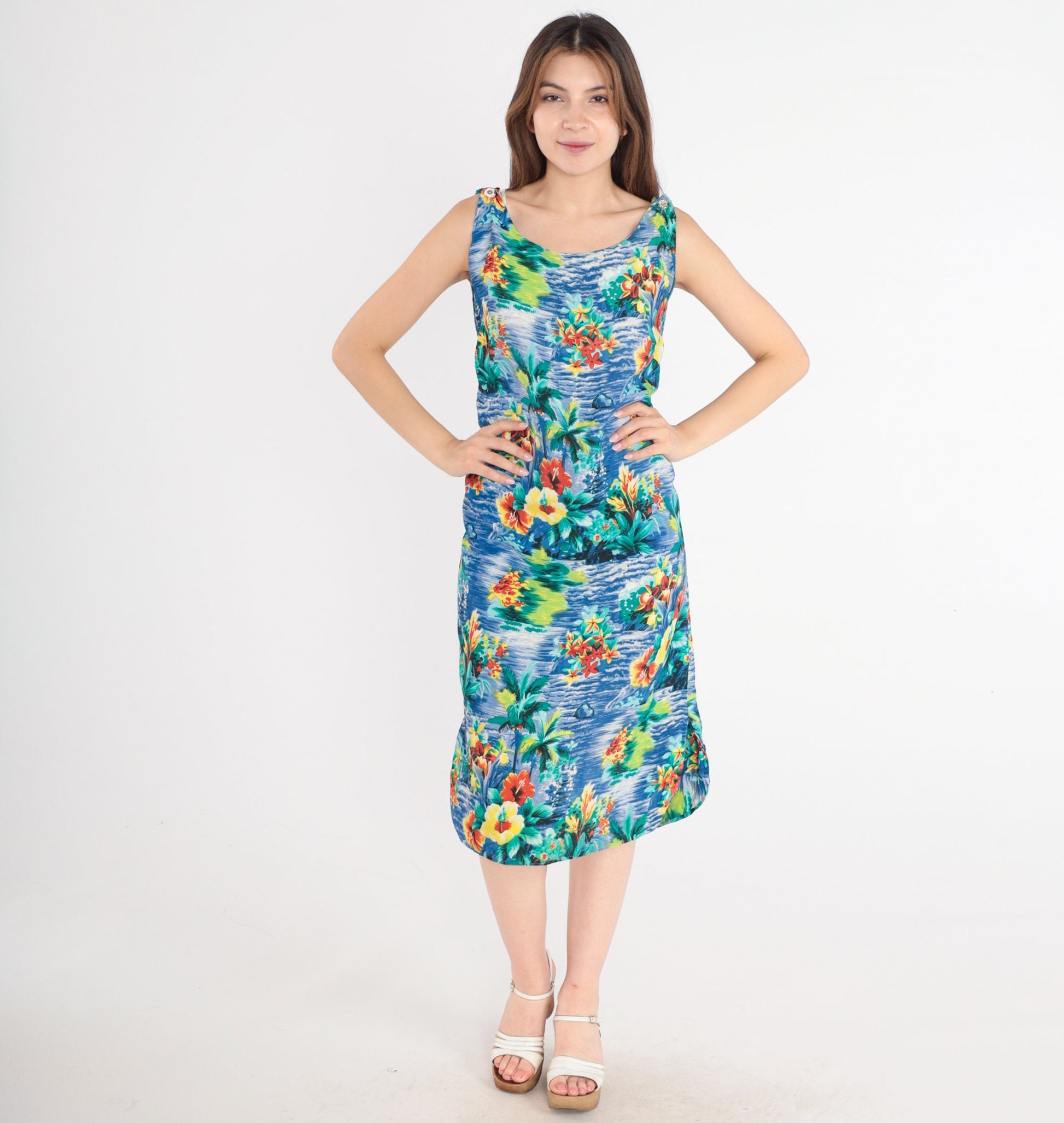 90s Hawaiian Tropical Floral Shift Dress Sleeveless Midi Blue Rayon Small