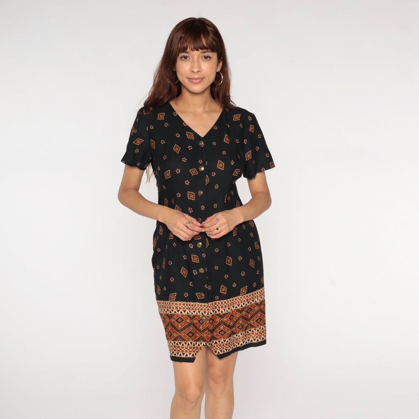 90s Black Geometric Print Button-Up Mini Dress Short Sleeve V-Neck Medium