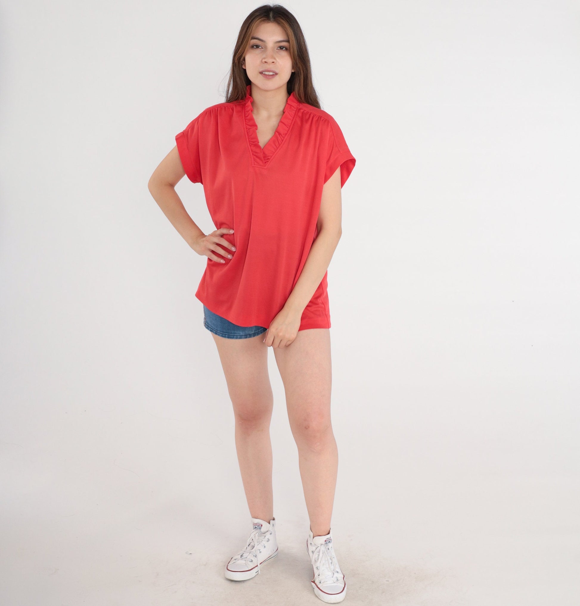 70s Red Blouse Ruffled V Neck Cap Sleeve Disco Shirt Large L