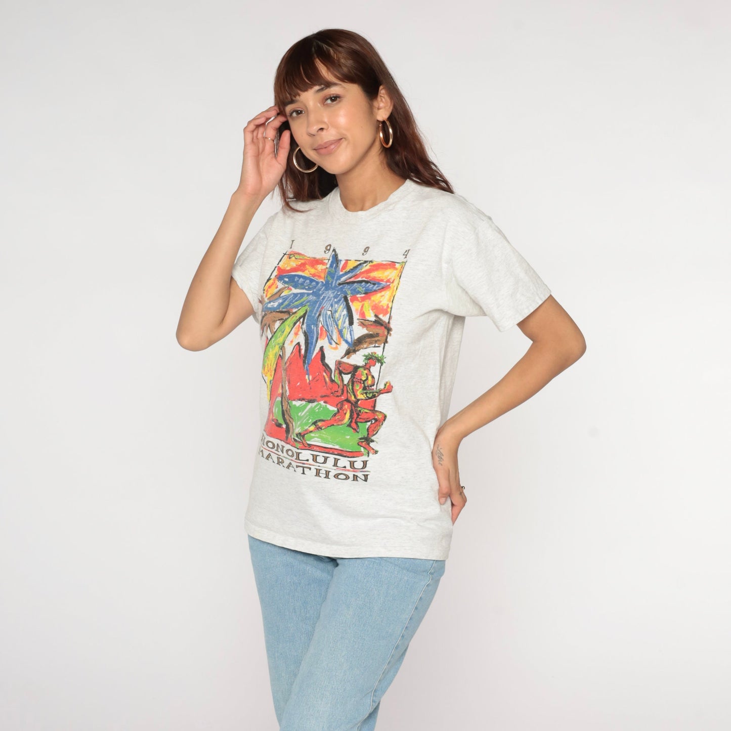 1994 Honolulu Marathon Graphic Tee 90s Hawaii Running T-Shirt Heather Grey Small