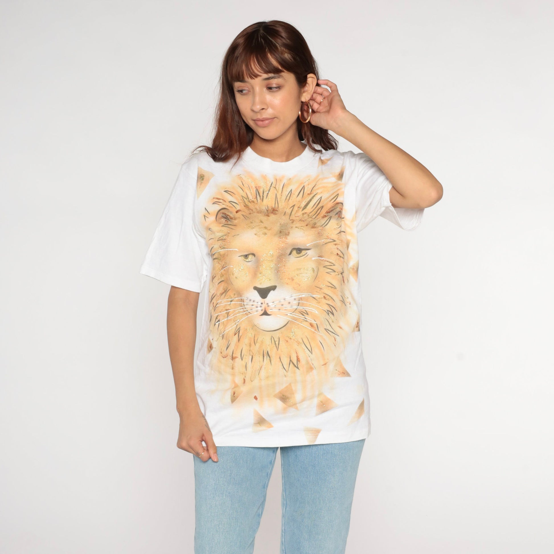 90s Oneita Lion T-Shirt White Gold Glitter Graphic Tee Medium