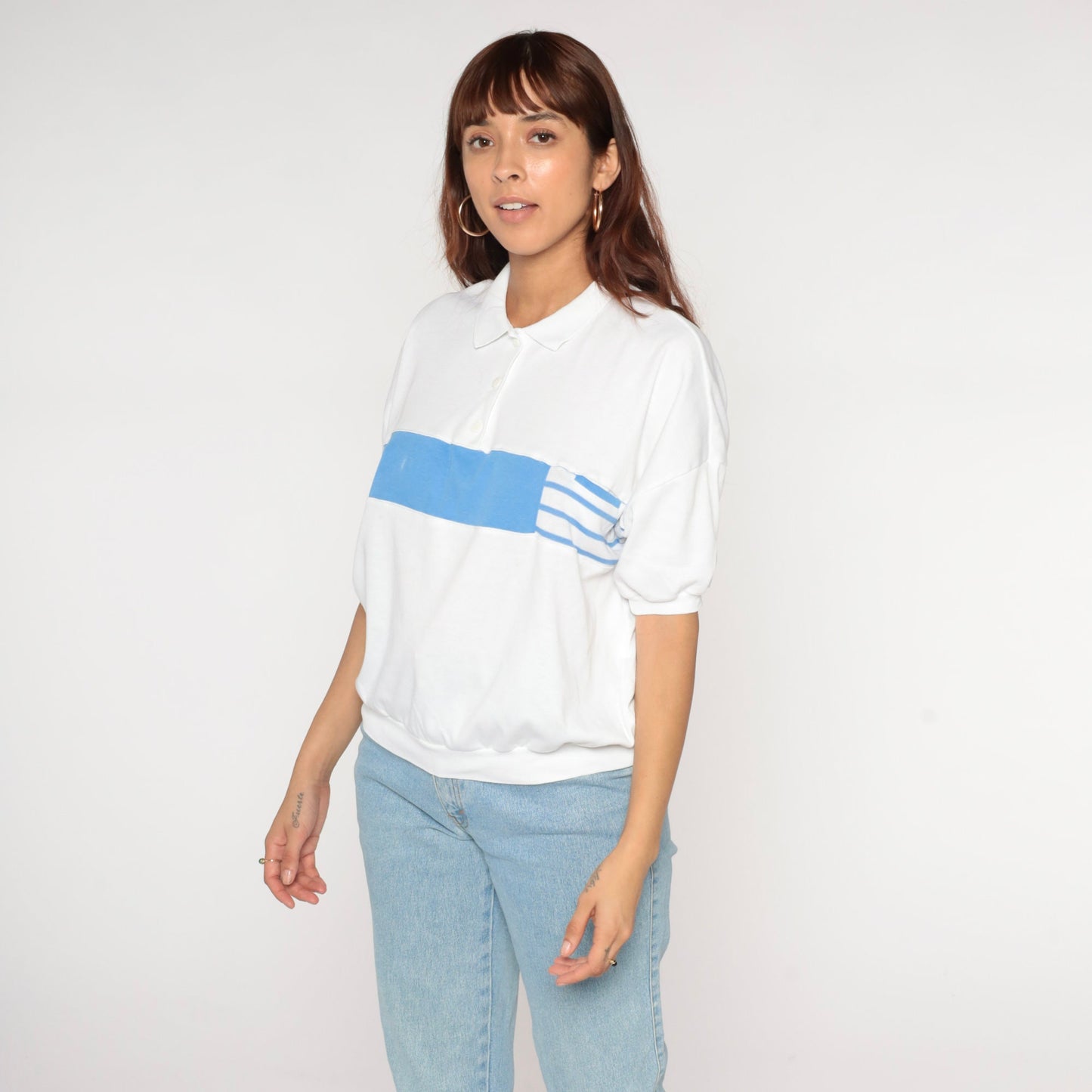 90s Catalina Striped Collared Shirt White Blue Banded Hem Large