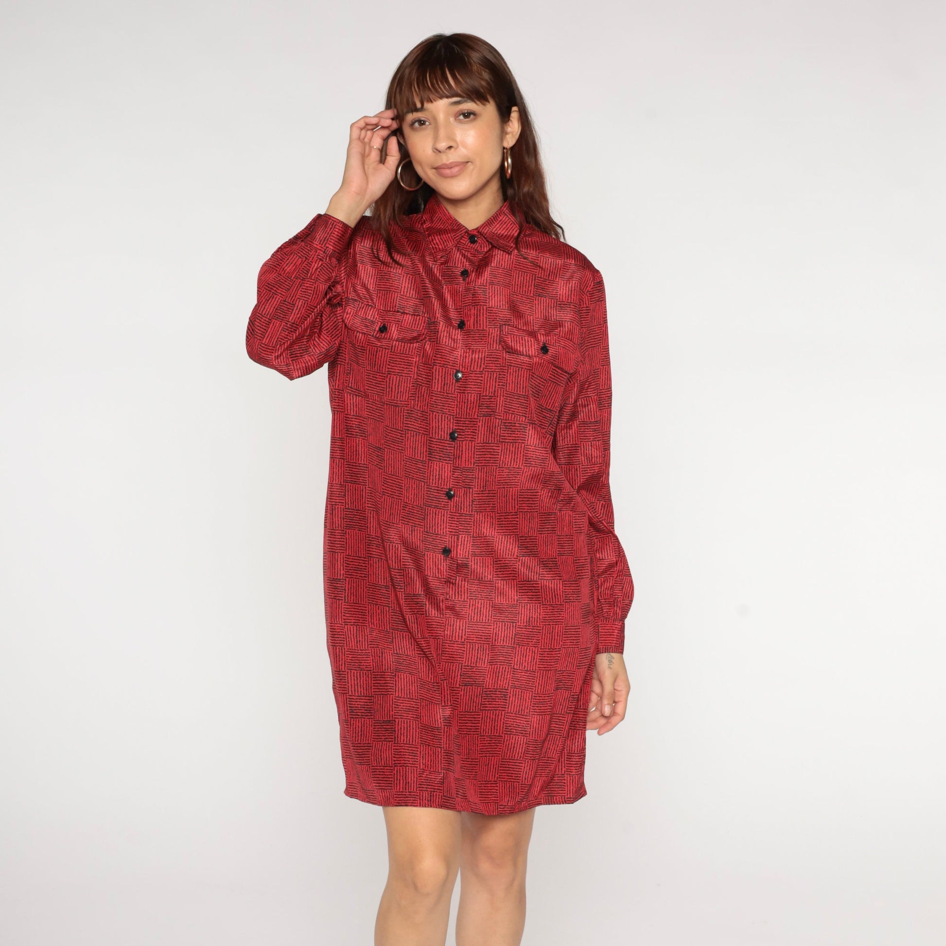80s Red Black Checkered Mini Shirtdress Button Up Collar Long Sleeve Medium
