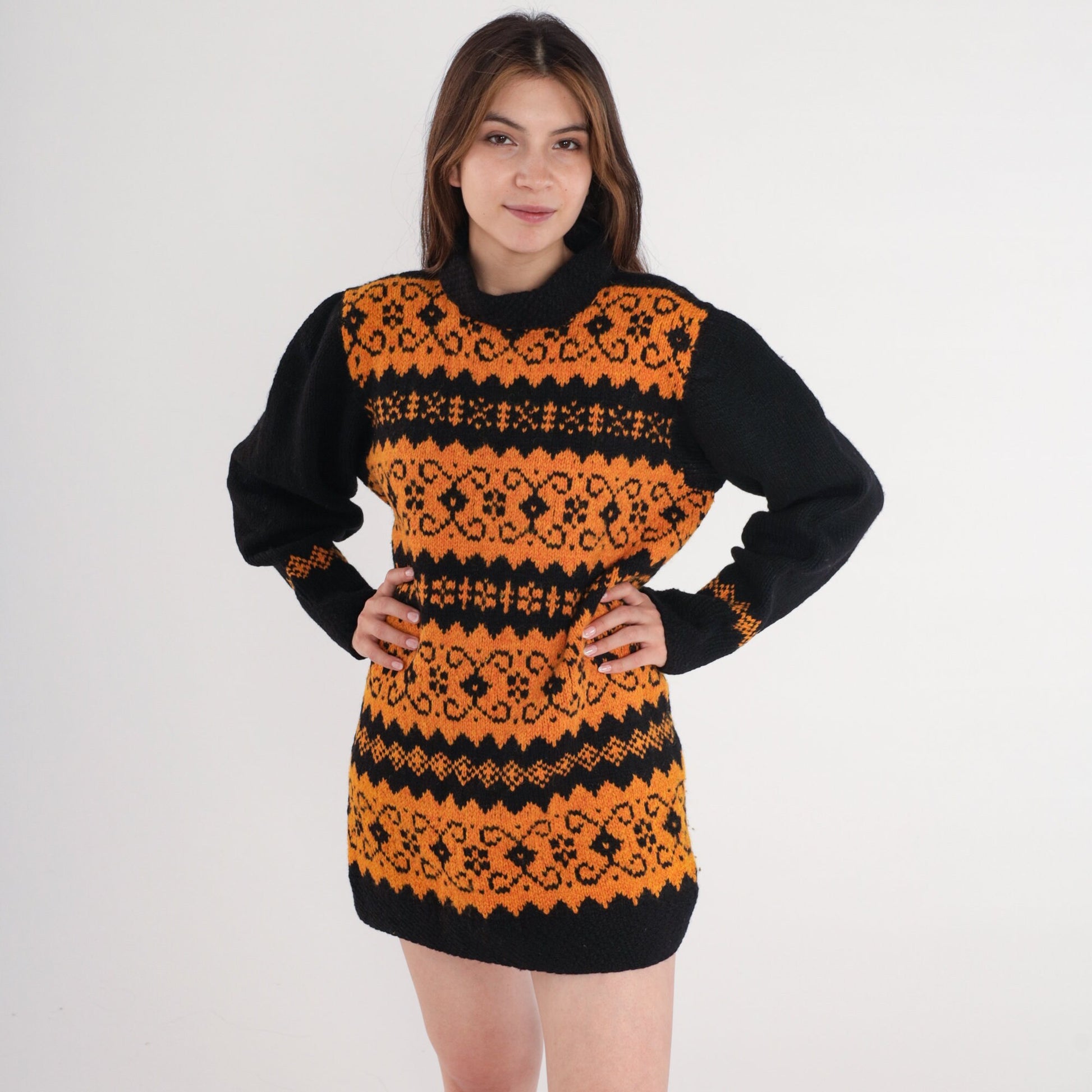 80s Fair Isle Sweater Orange Black Mock Neck Nordic Knit Medium Large