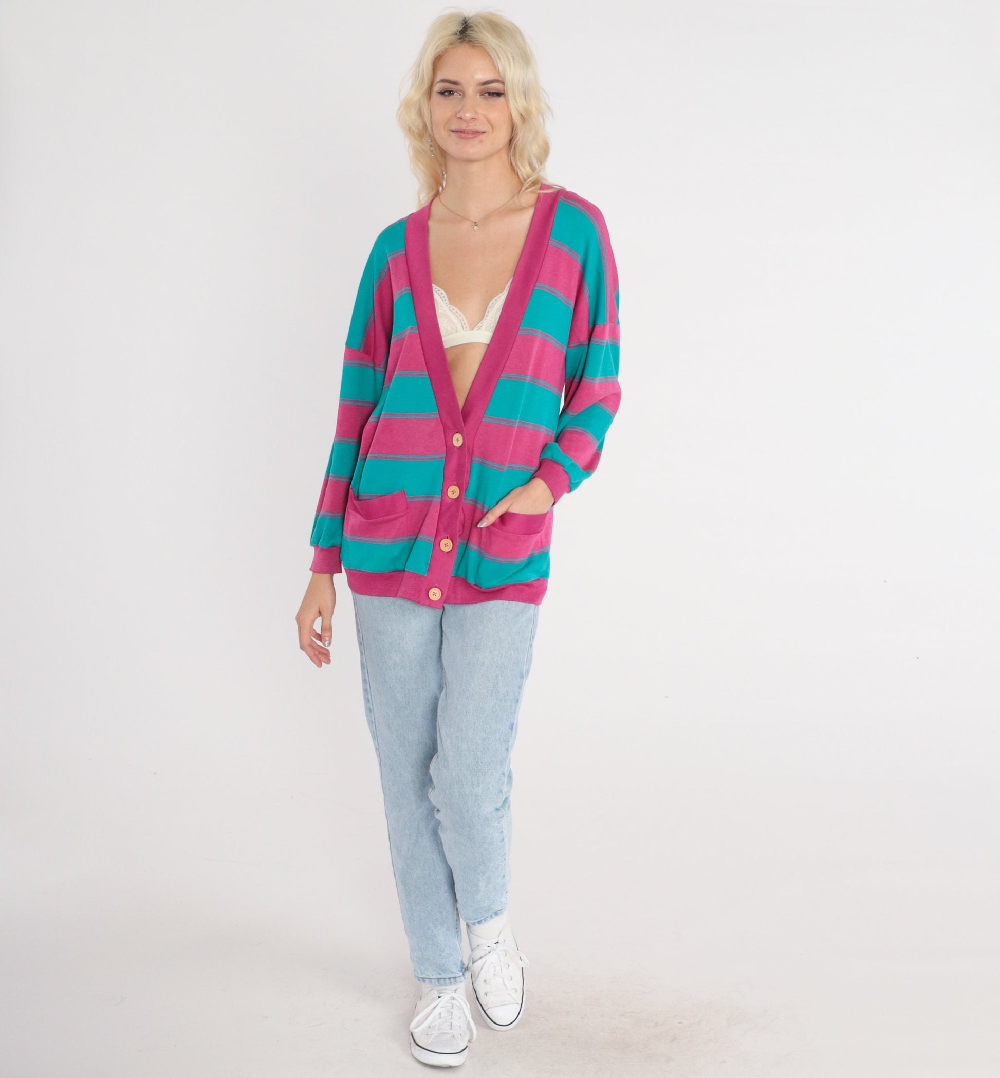 90s Striped Cardigan Sweatshirt Pink Turquoise Button-Up Large L