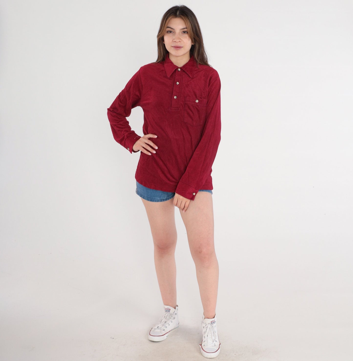 80s Burgundy Polo Shirt Half Button Long Sleeve Men's Small