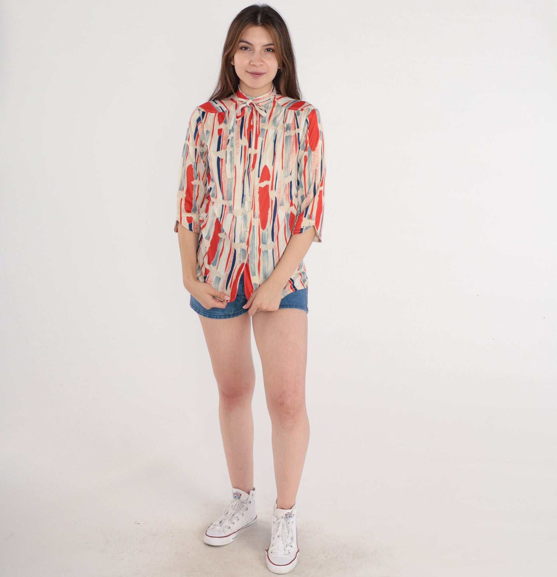 70s Striped Ascot Blouse Orange Beige Brushstroke Long Sleeve Button Up Small