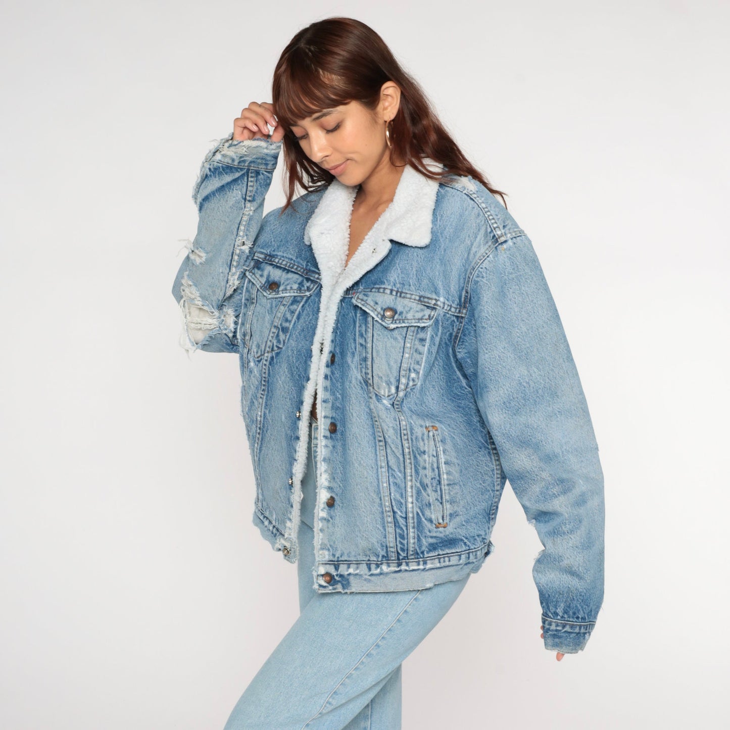 80s Levi's Sherpa Denim Jacket Blue Distressed Trucker Men's Large 44
