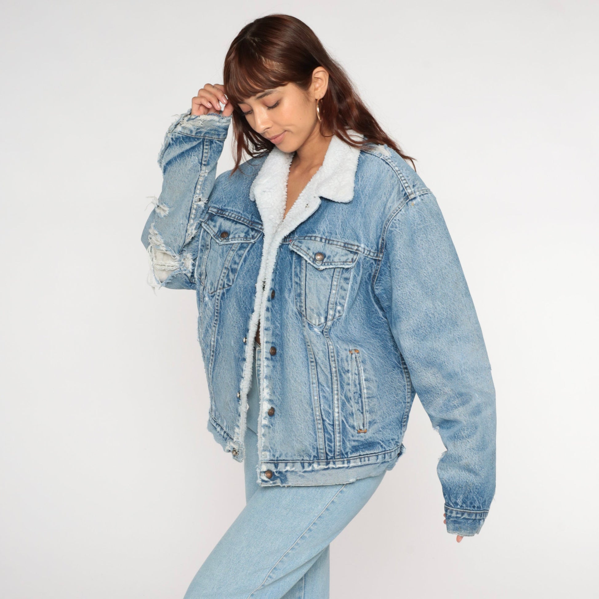 80s Levi's Sherpa Denim Jacket Blue Distressed Trucker Men's Large 44