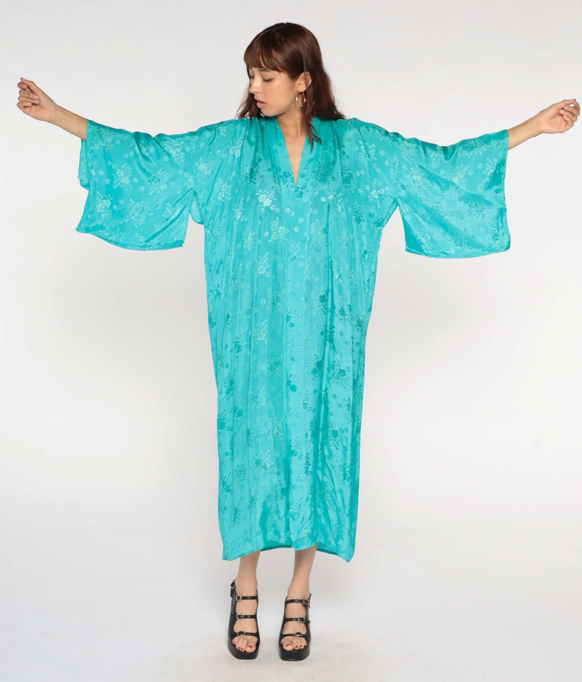 80s Dragon Embroidered Kimono Robe Turquoise Floral Maxi Small
