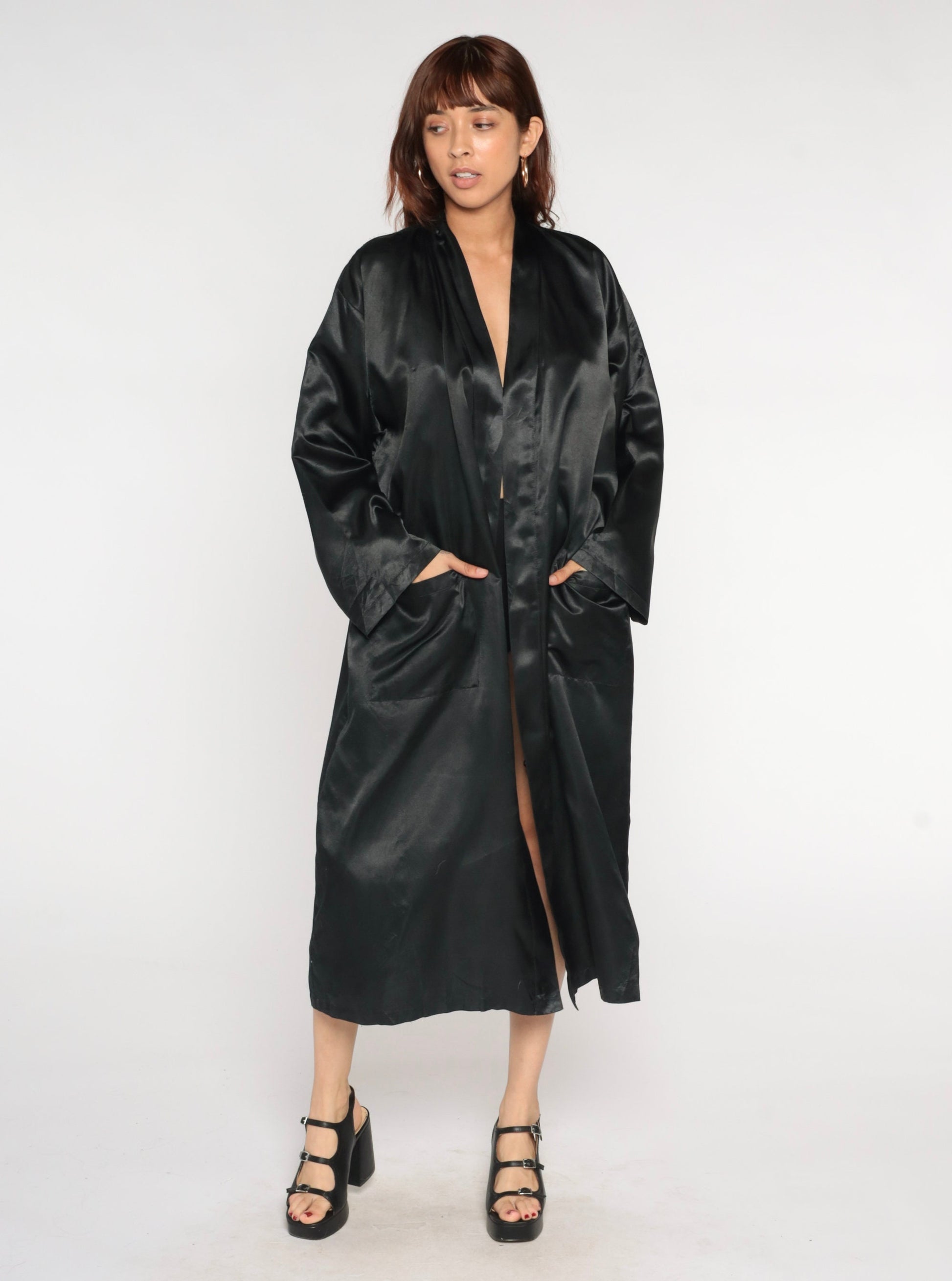 90s Black Satin Kimono Robe Floral Embroidered Open Front Maxi Medium