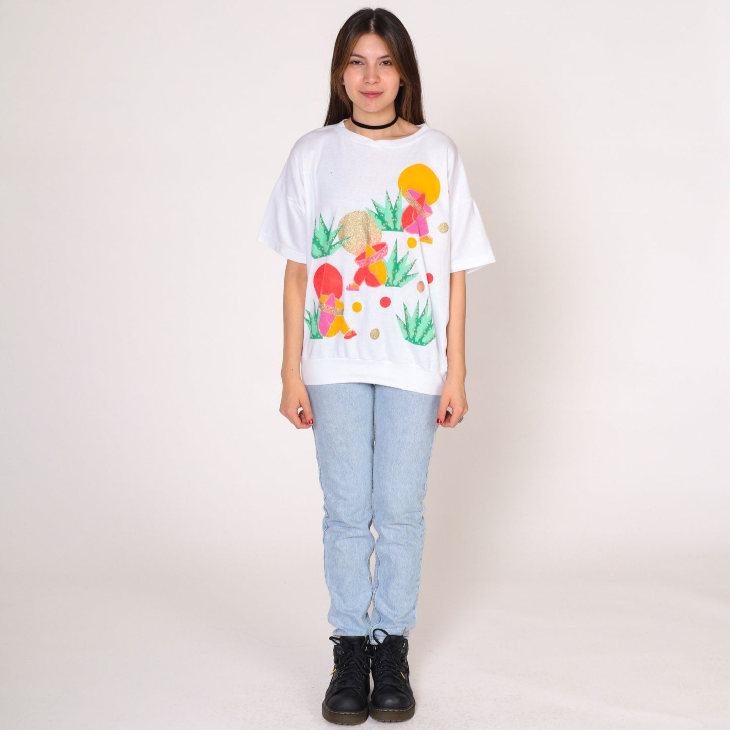 90s Jane Colby Art T-Shirt Sombrero Siesta Graphic White Cotton Large L