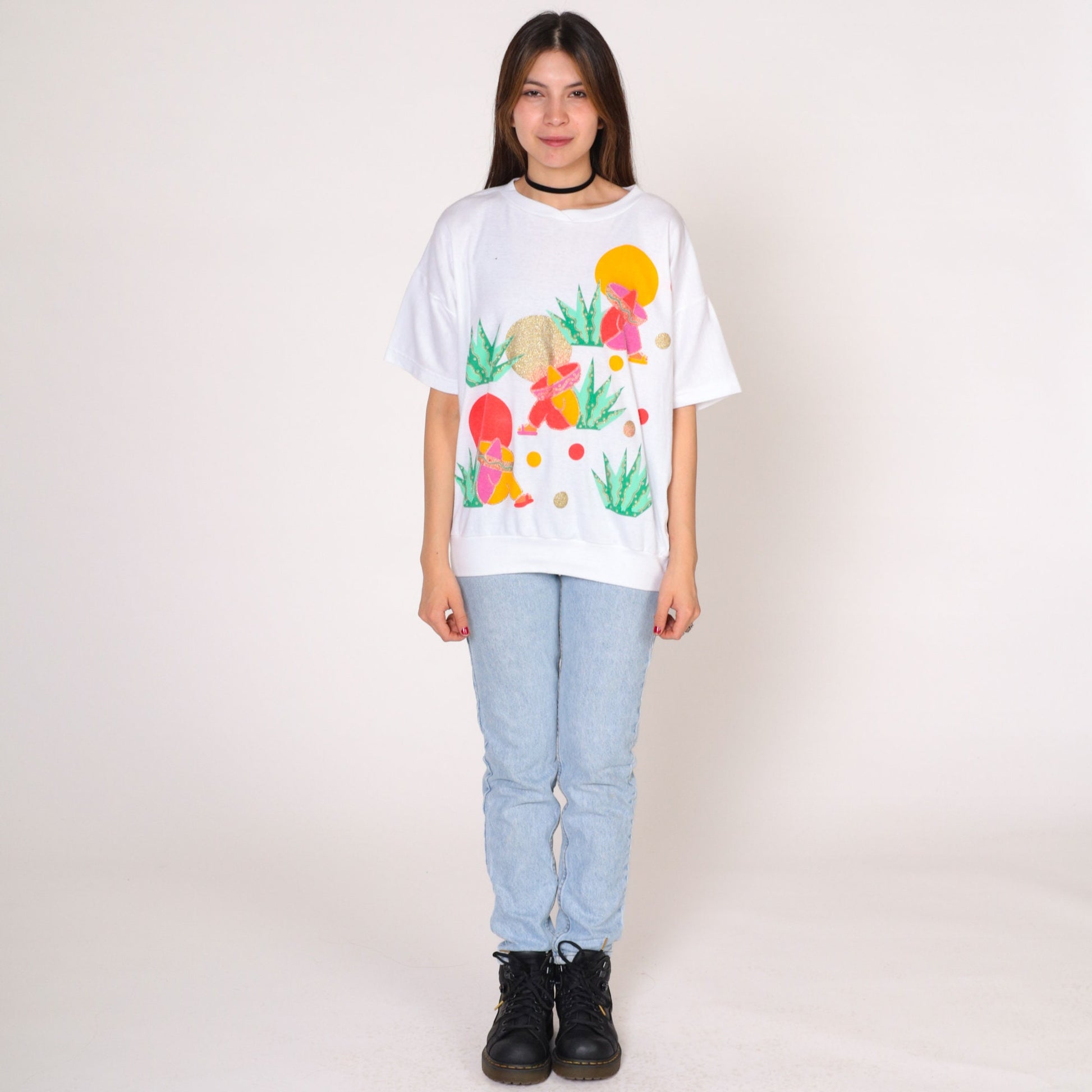 90s Jane Colby Art T-Shirt Sombrero Siesta Graphic White Cotton Large L