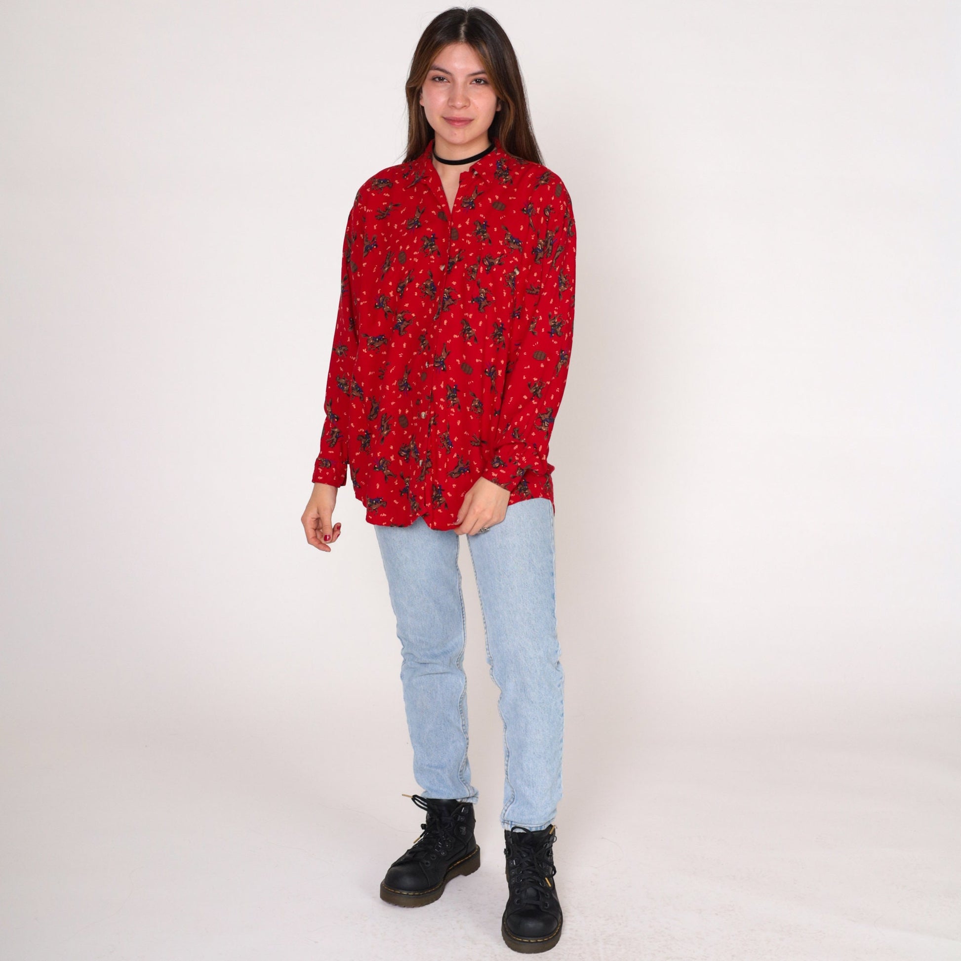 90s Ilio Rodeo Blouse Red Barrel Racing Bucking Bronco Print Button Up Medium M