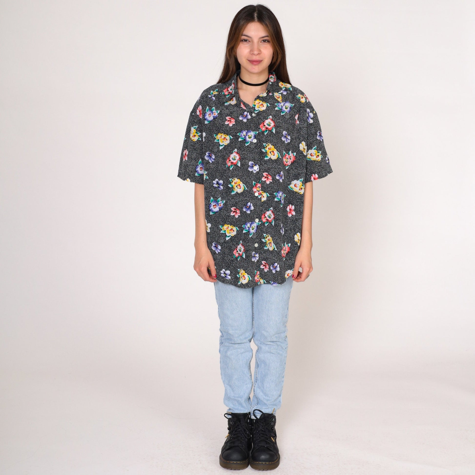 90s The Villager Polka Dot Floral Button-Up Blouse Black Short Sleeve Small