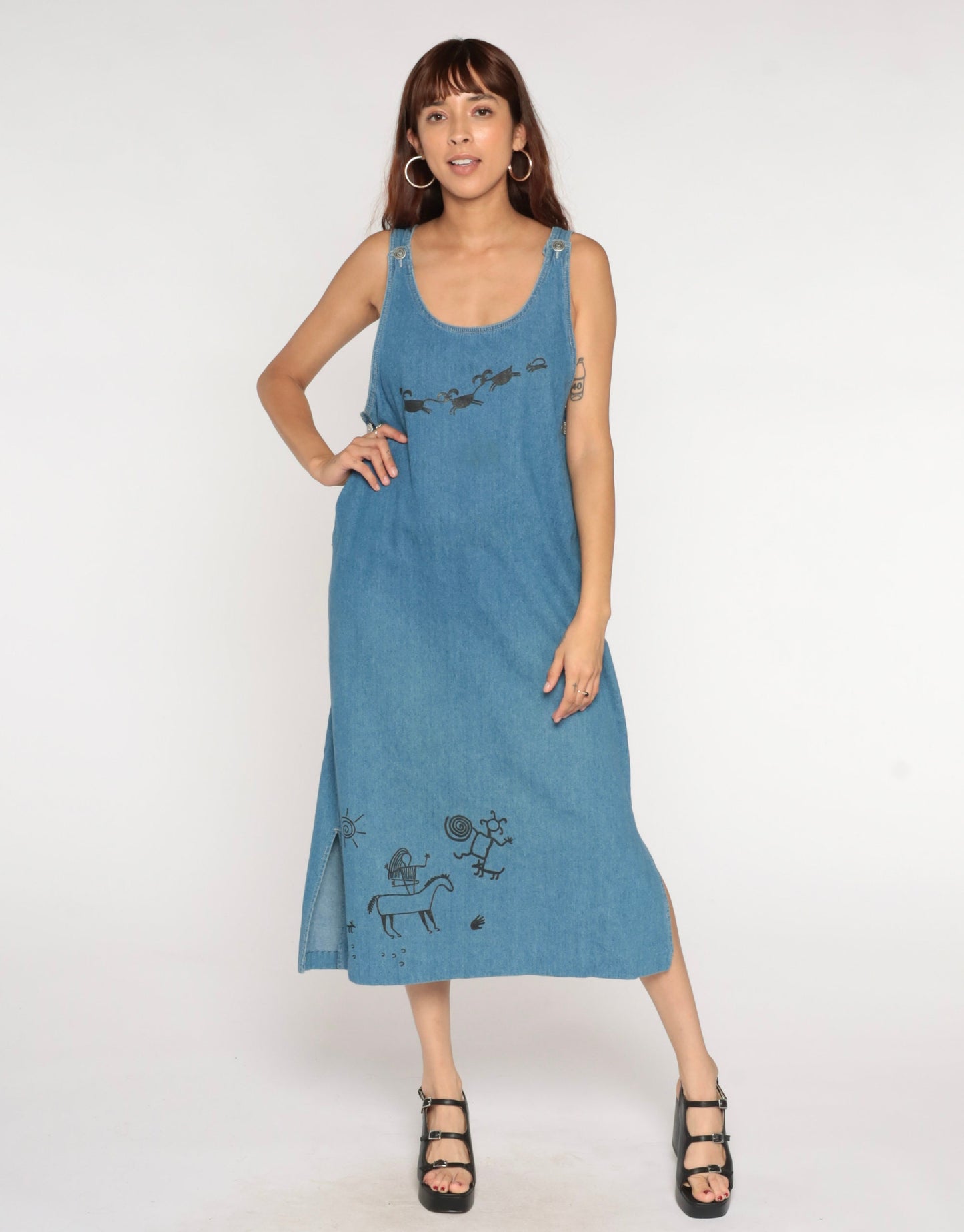 90s Boston Classics Denim Midi Dress Petroglyph Print Blue Large L