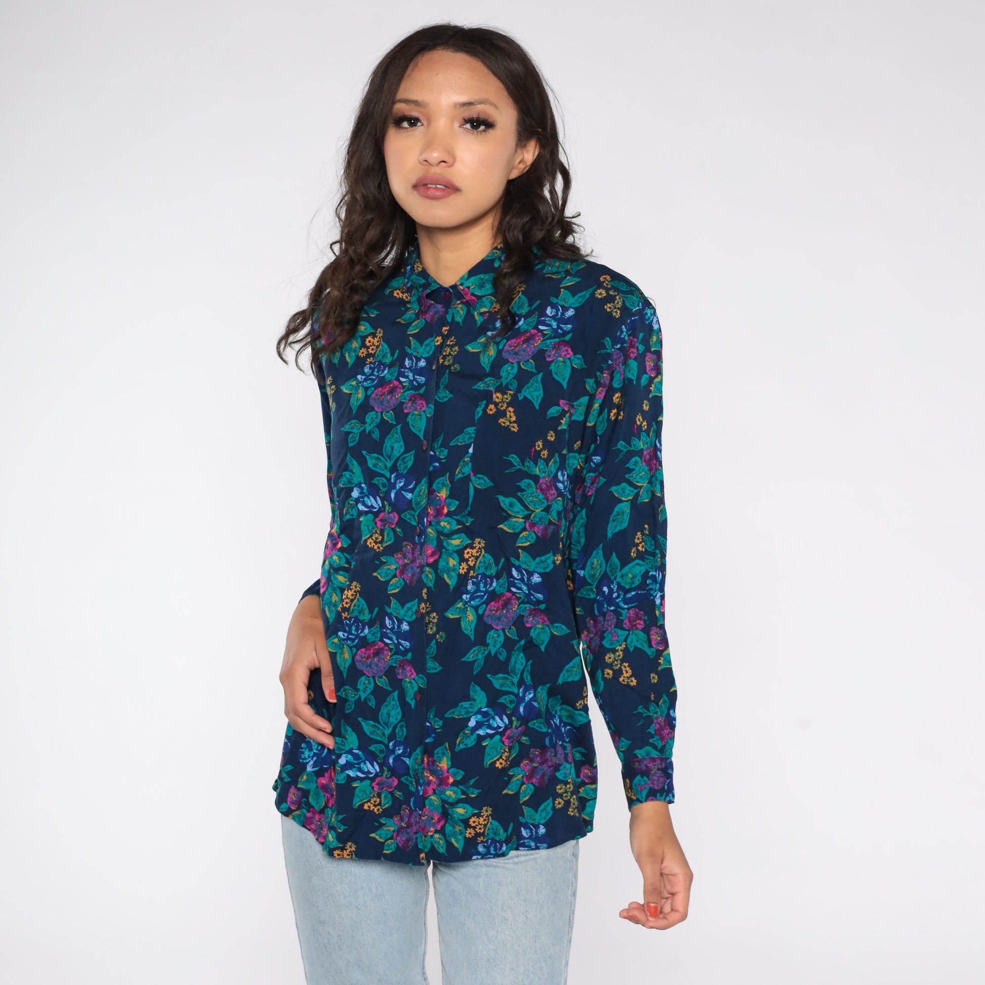 90s Floral Rayon Blouse Navy Blue Button Up Shirt Long Sleeve Medium