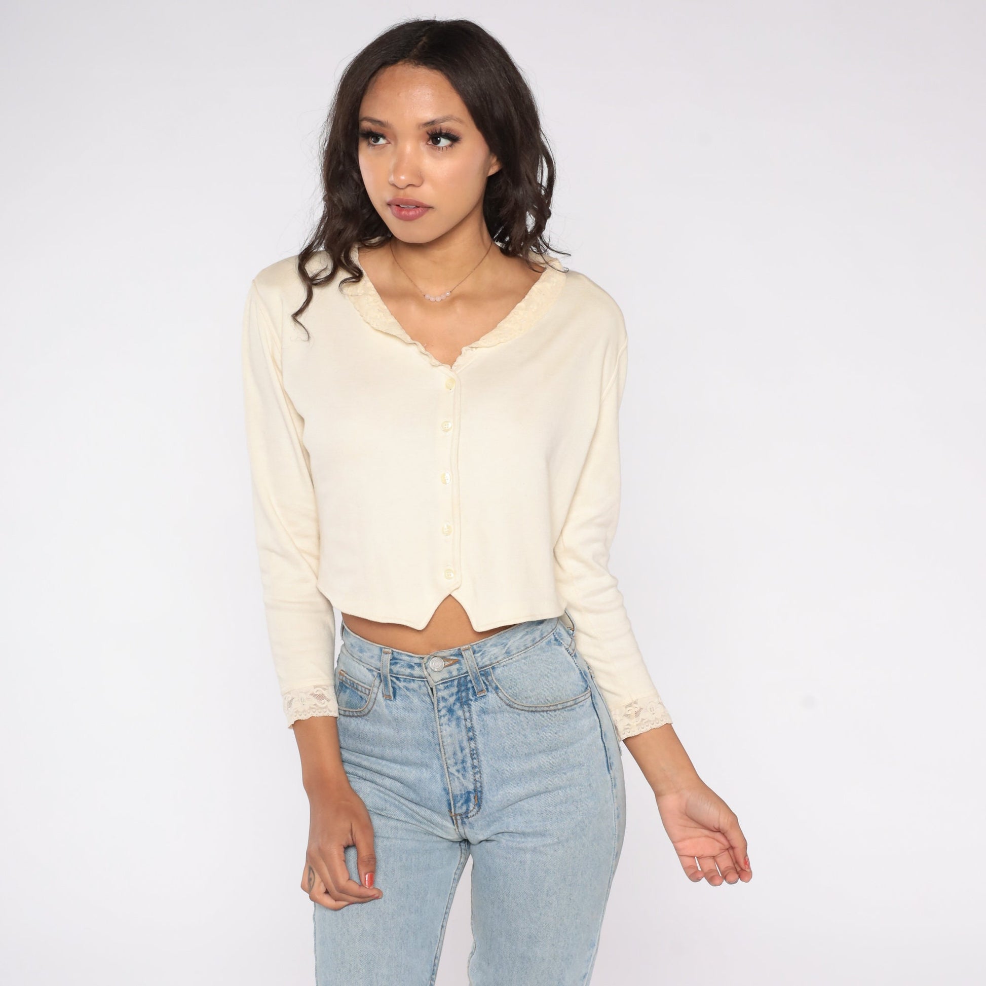 90s Cream Lace Trim Cropped Blouse Button Up Long Sleeve Small Medium
