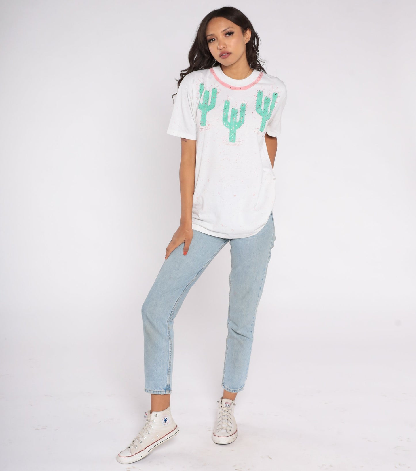 90s Saguaro Cactus Rhinestone Paint Splatter Graphic Tee White Medium