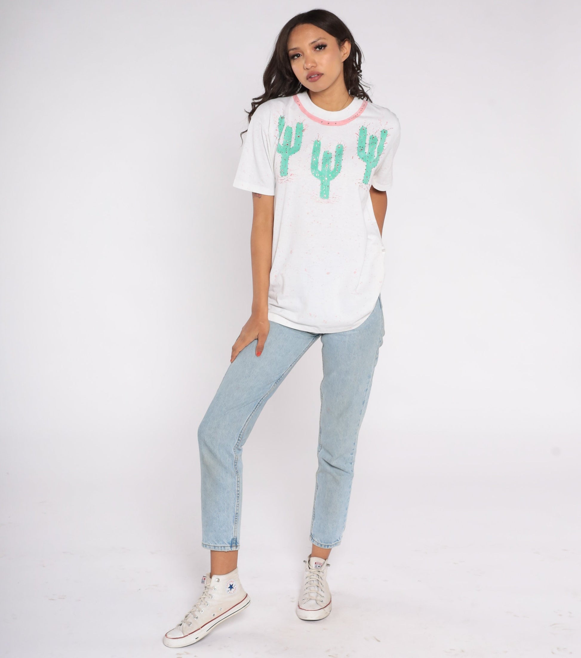 90s Saguaro Cactus Rhinestone Paint Splatter Graphic Tee White Medium